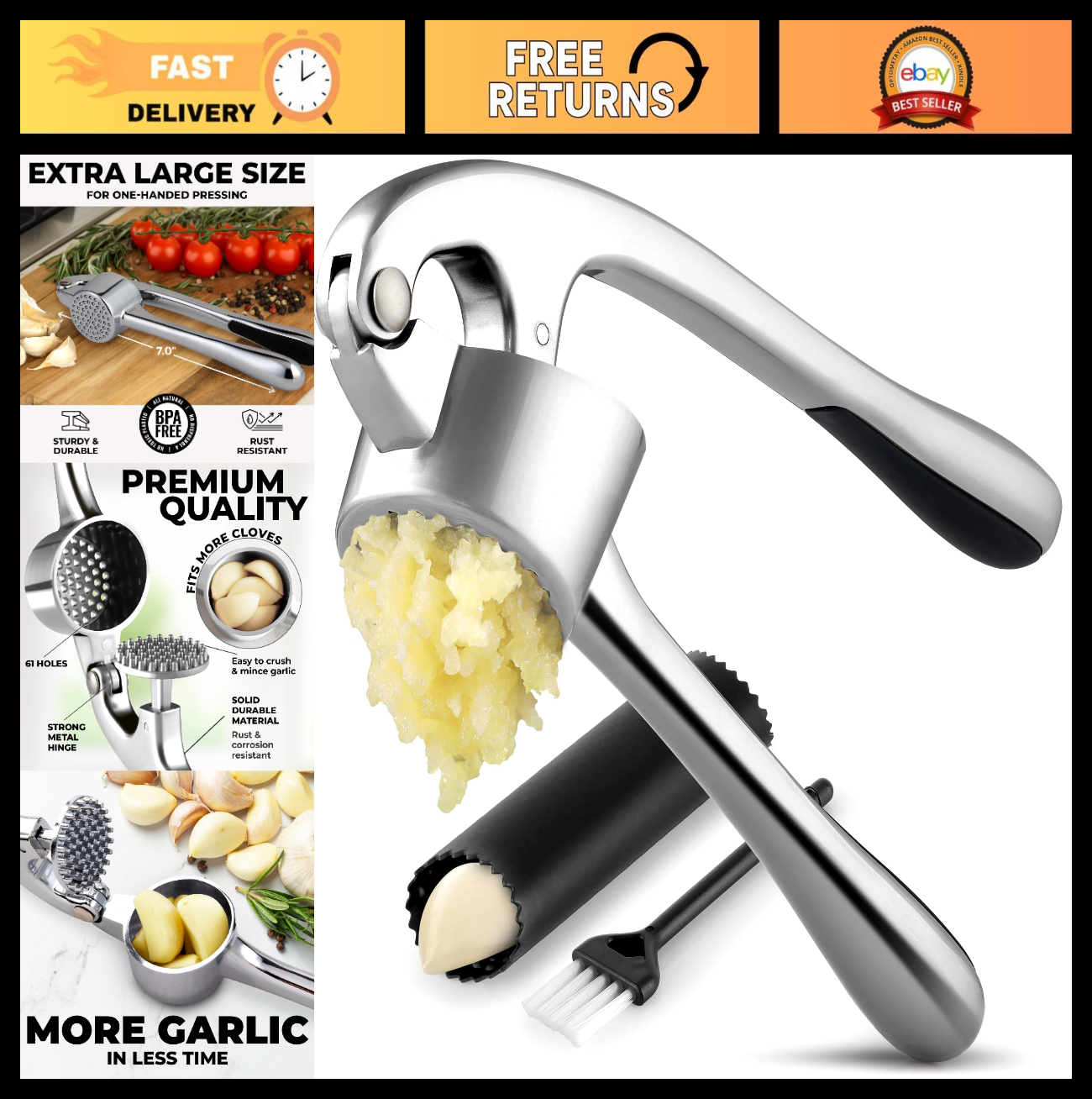 Large Garlic Press Set   Premium Rust Proof Mincer Tool with Easy Squeeze Peeler0