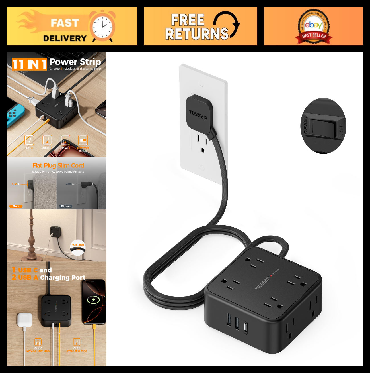 Surge Protector Power Strip 900J Protection, 5 Ft Extension Cord, Black0