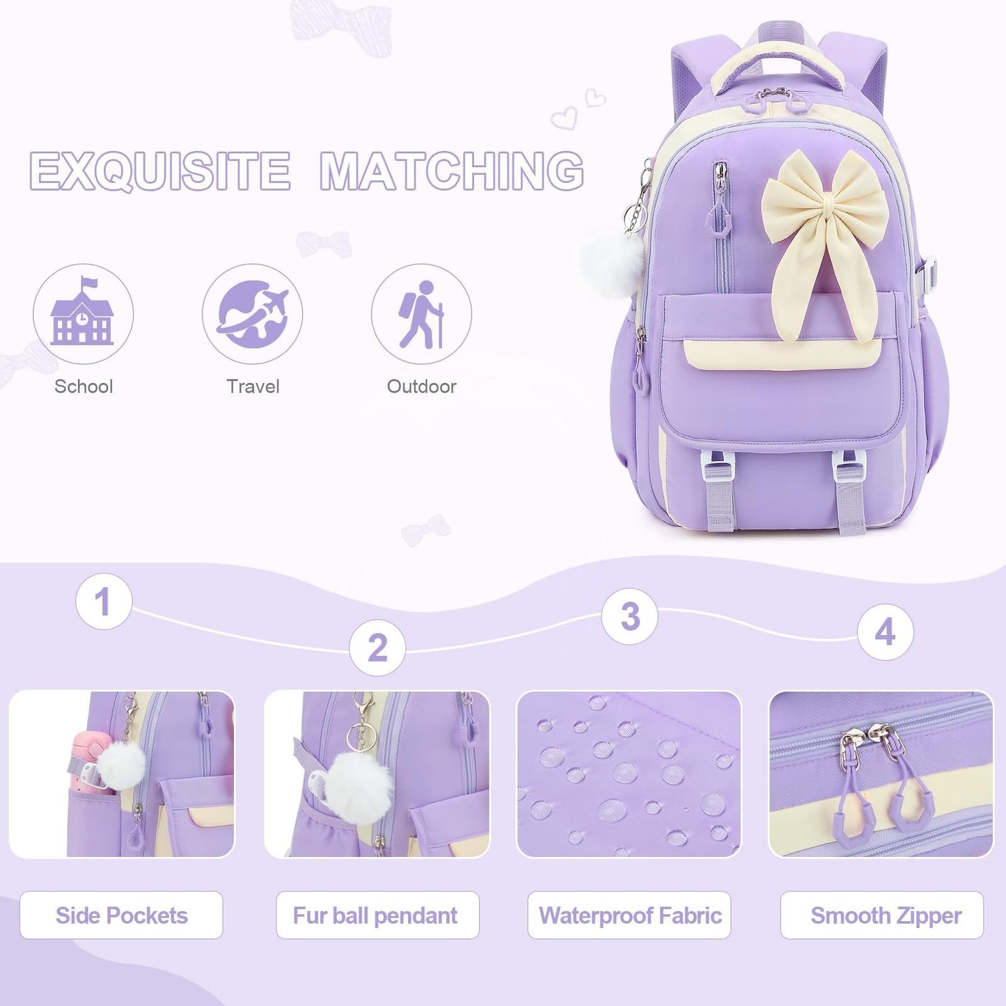 Girls Bow Backpack Set   3PCS with Lunch Bag & Pencil Case, Stylish School Bag4