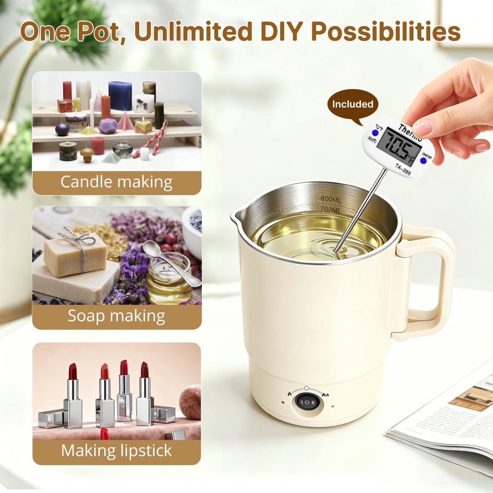 Candle Making Supplies Kit - Electric Wax Melting Pot, 27 OZ, Thermometer & Spou4