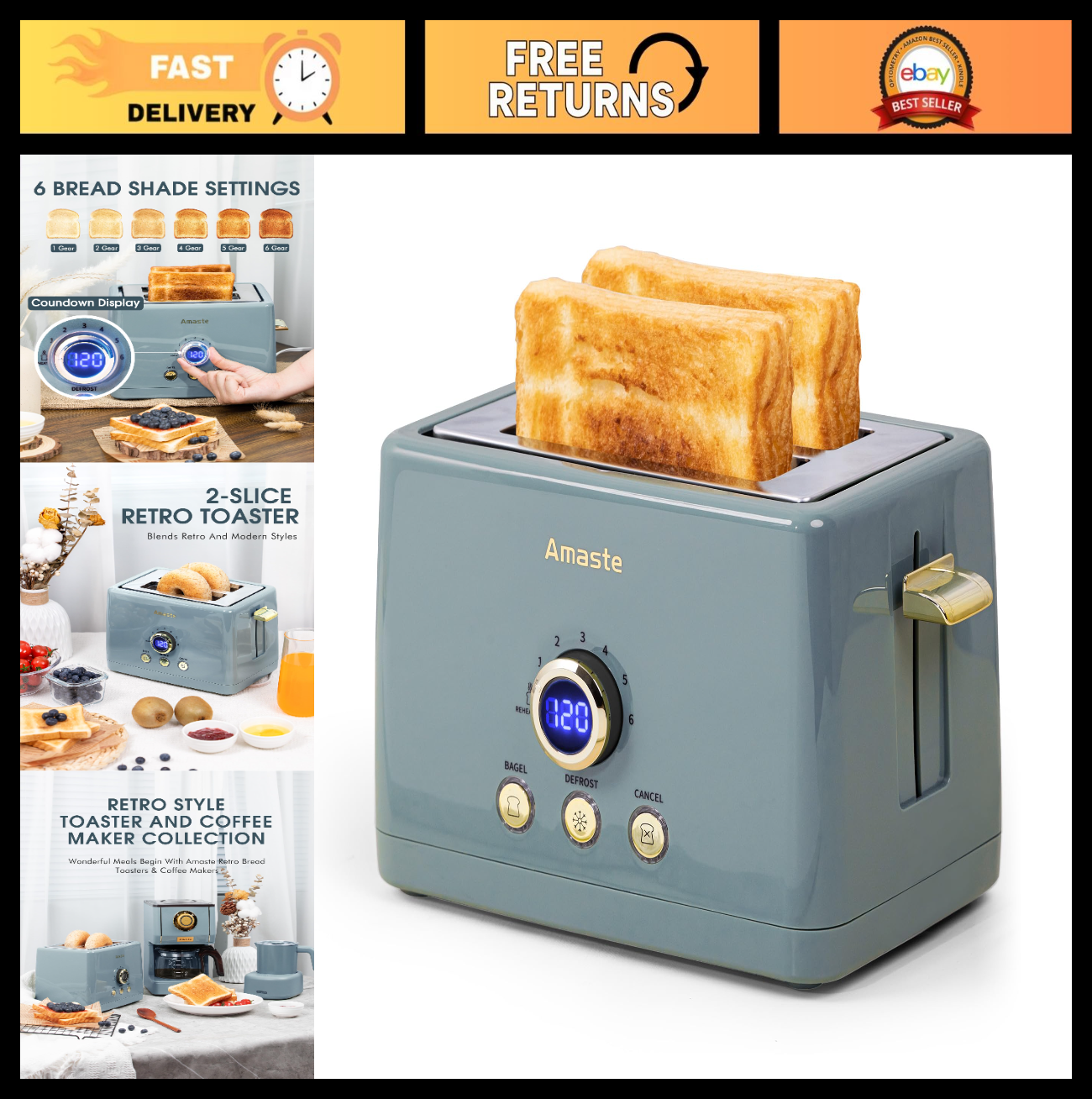 Retro 2 Slice Toaster with LED Timer, Extra Wide Slots, 6 Shade Settings, Bagel0