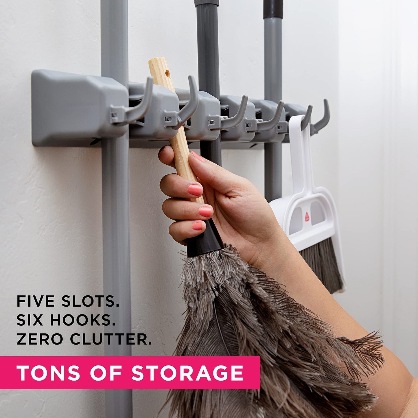 5 Slot Broom Holder & Mop Gripper - Wall Mount Tool Organizer, No-Drill, Anti-Sl8