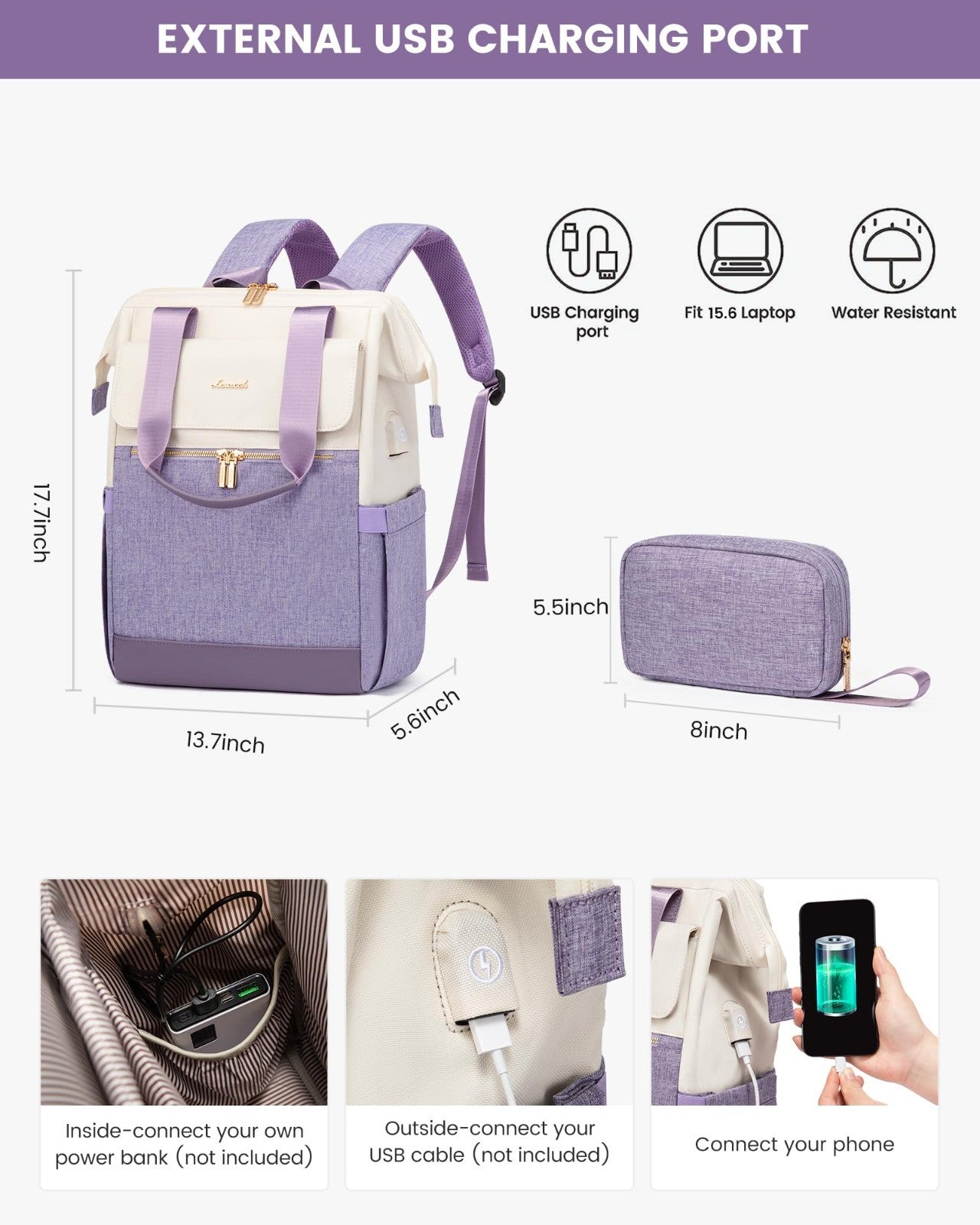 Stylish 15.6" Laptop Backpack for Women, USB Port, Waterproof Travel Bag, 2PCS2