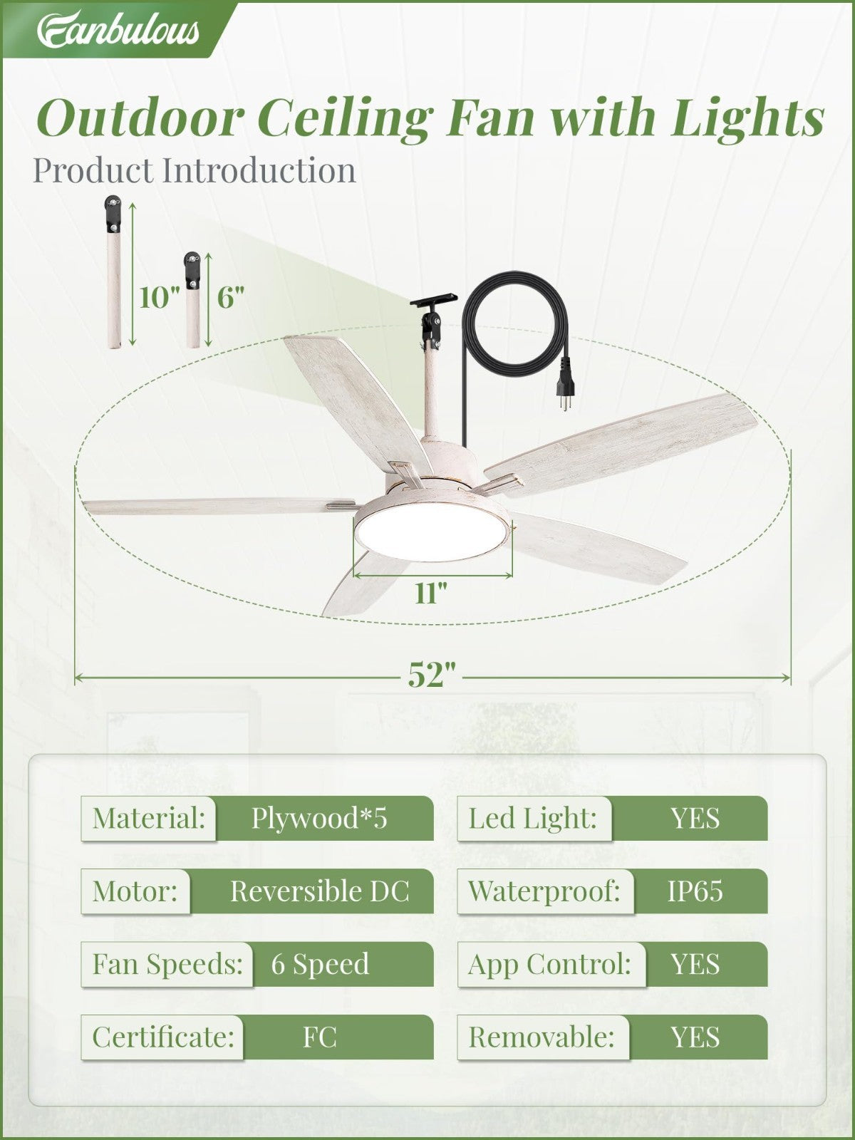 52" Waterproof Outdoor Ceiling Fan with Light, 6 Speed DC Motor for Patio, Gazeb3