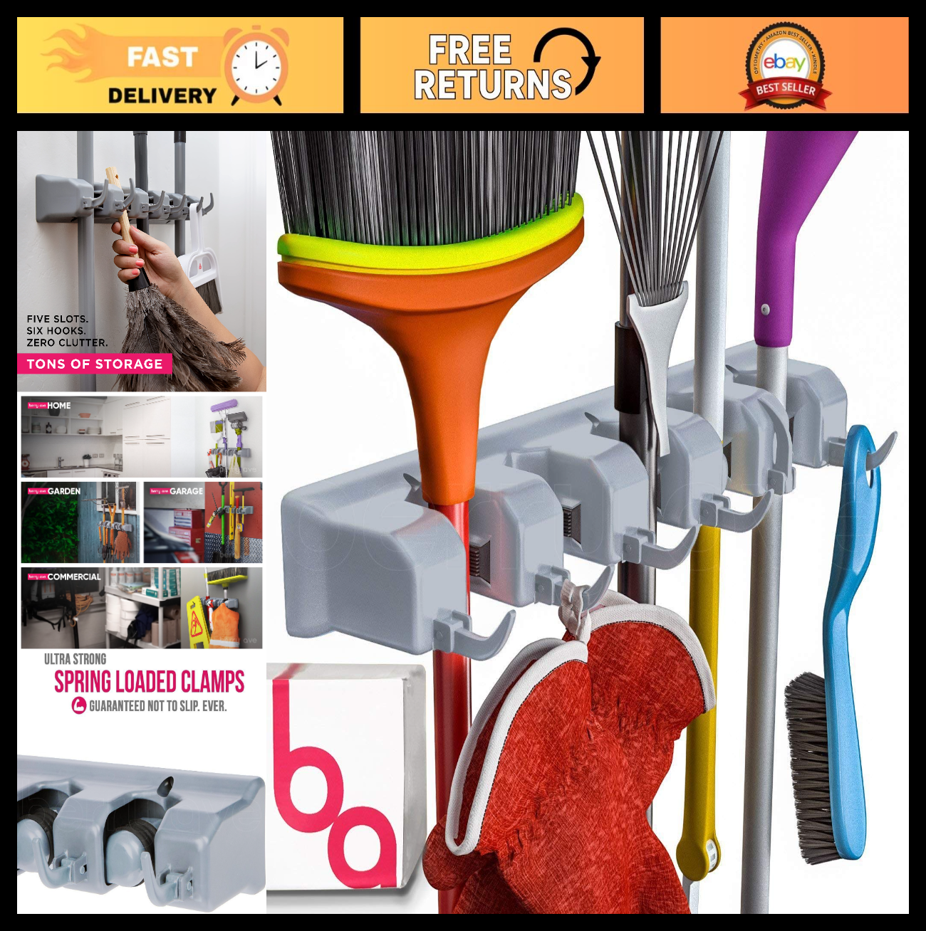 Broom Holder Wall Mount Organizer - 5 Slots & 6 Hooks for Garage, Kitchen, Laund0
