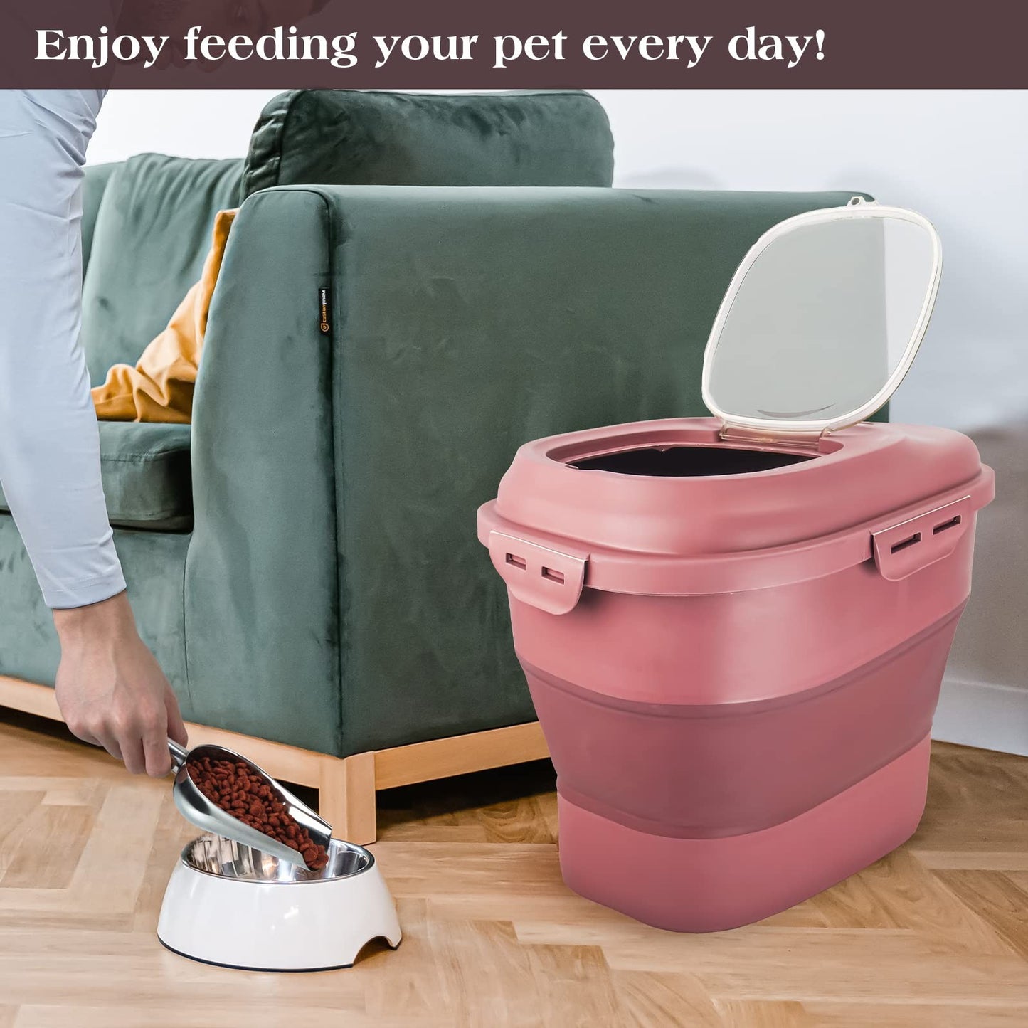 Airtight Dog Food Storage Container, Collapsible 13 30lb, Rolling Wheels & Scoop4