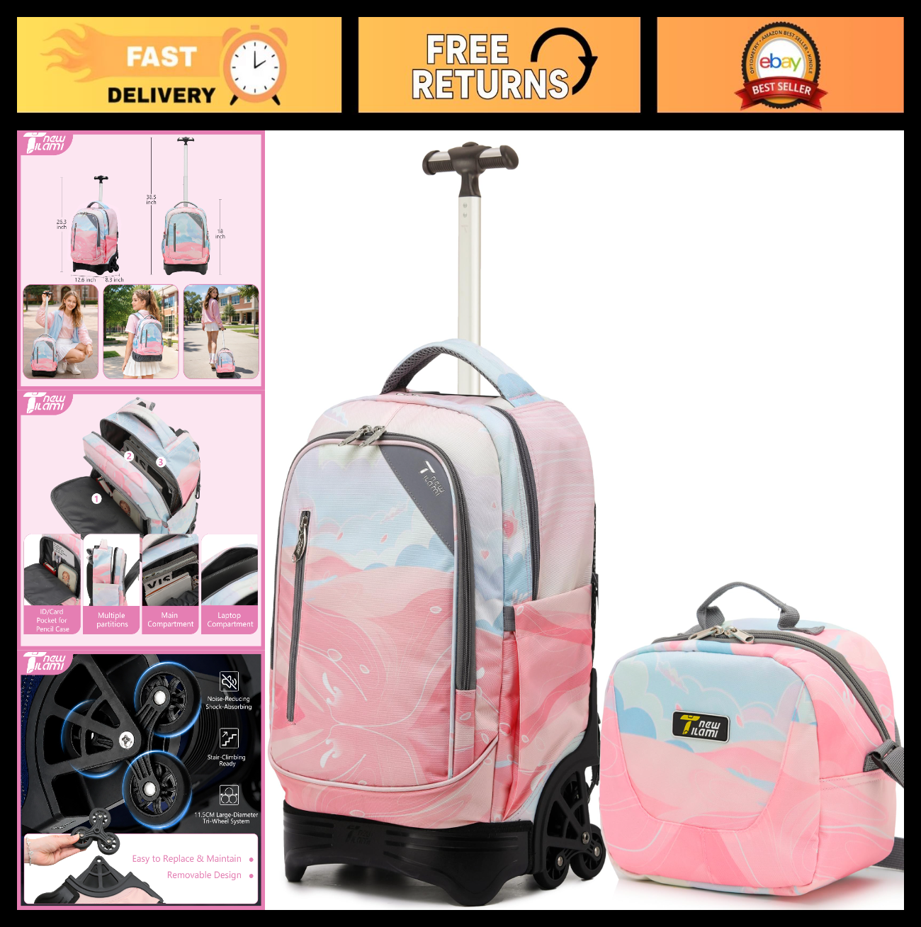 18" Rolling Backpack with Lunch Bag for Kids, School Travel, Girls & Boys0