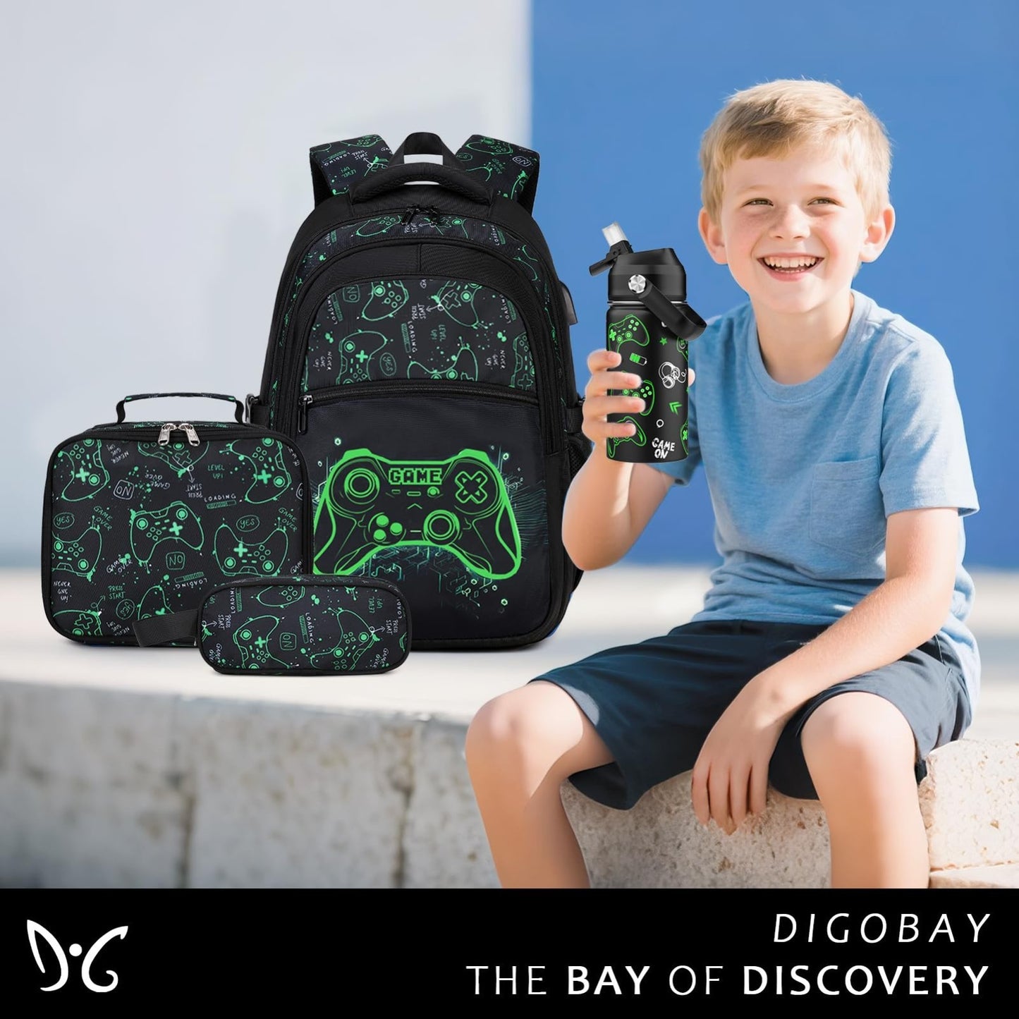 Luminous Gamer Backpack Set for Boys   6PCs with Insulated Water Bottle, Lunch B1
