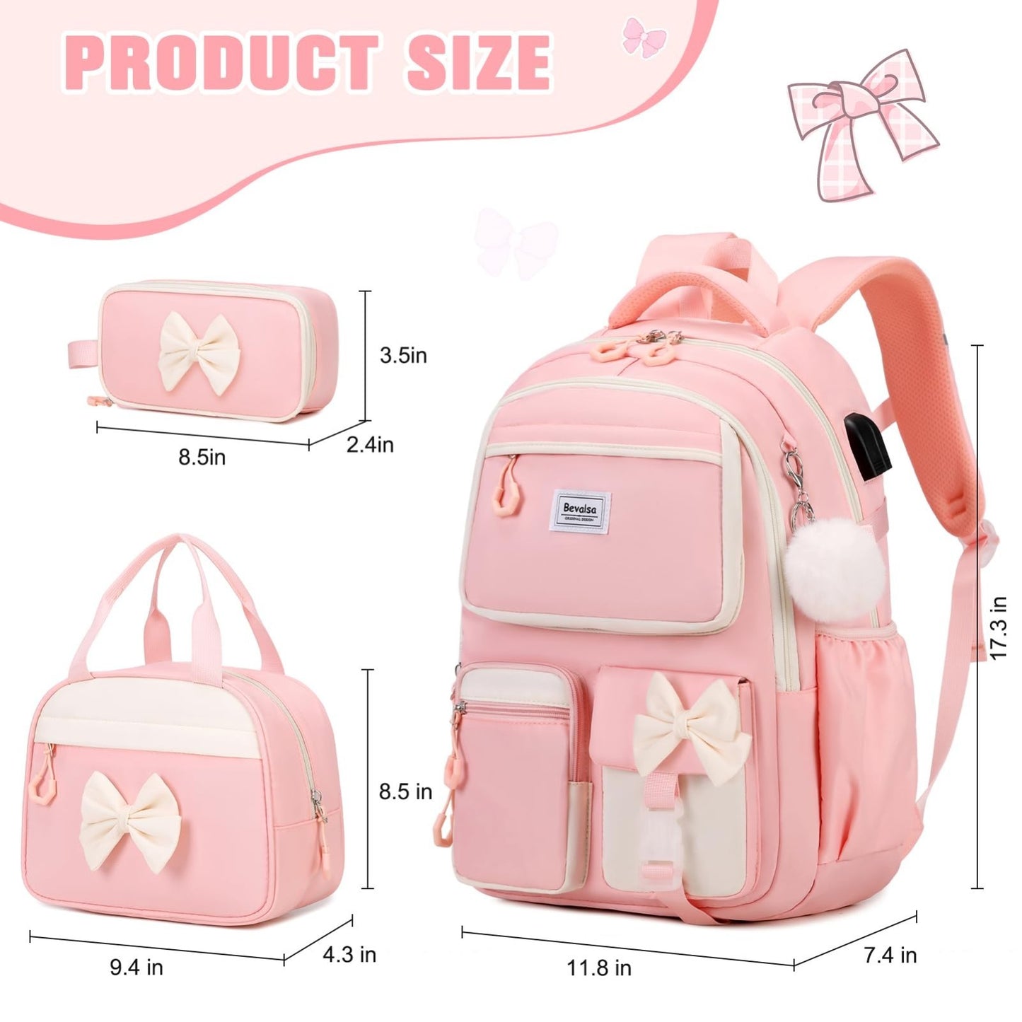 Cute Bow Backpack for Girls   School Bag Set with Lunch Bag & Pen Case2