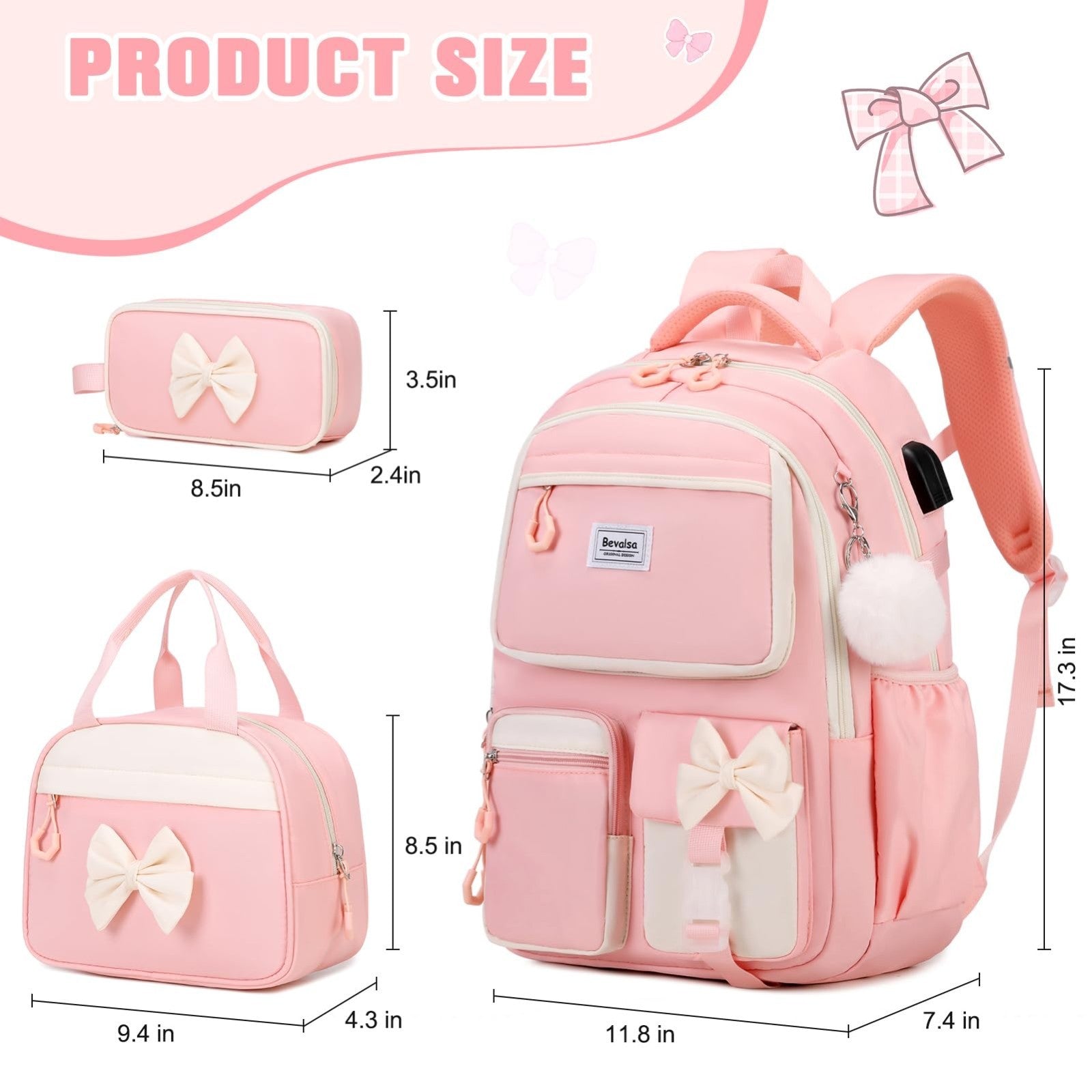 Cute Bow Backpack for Girls   School Bag Set with Lunch Bag & Pen Case2