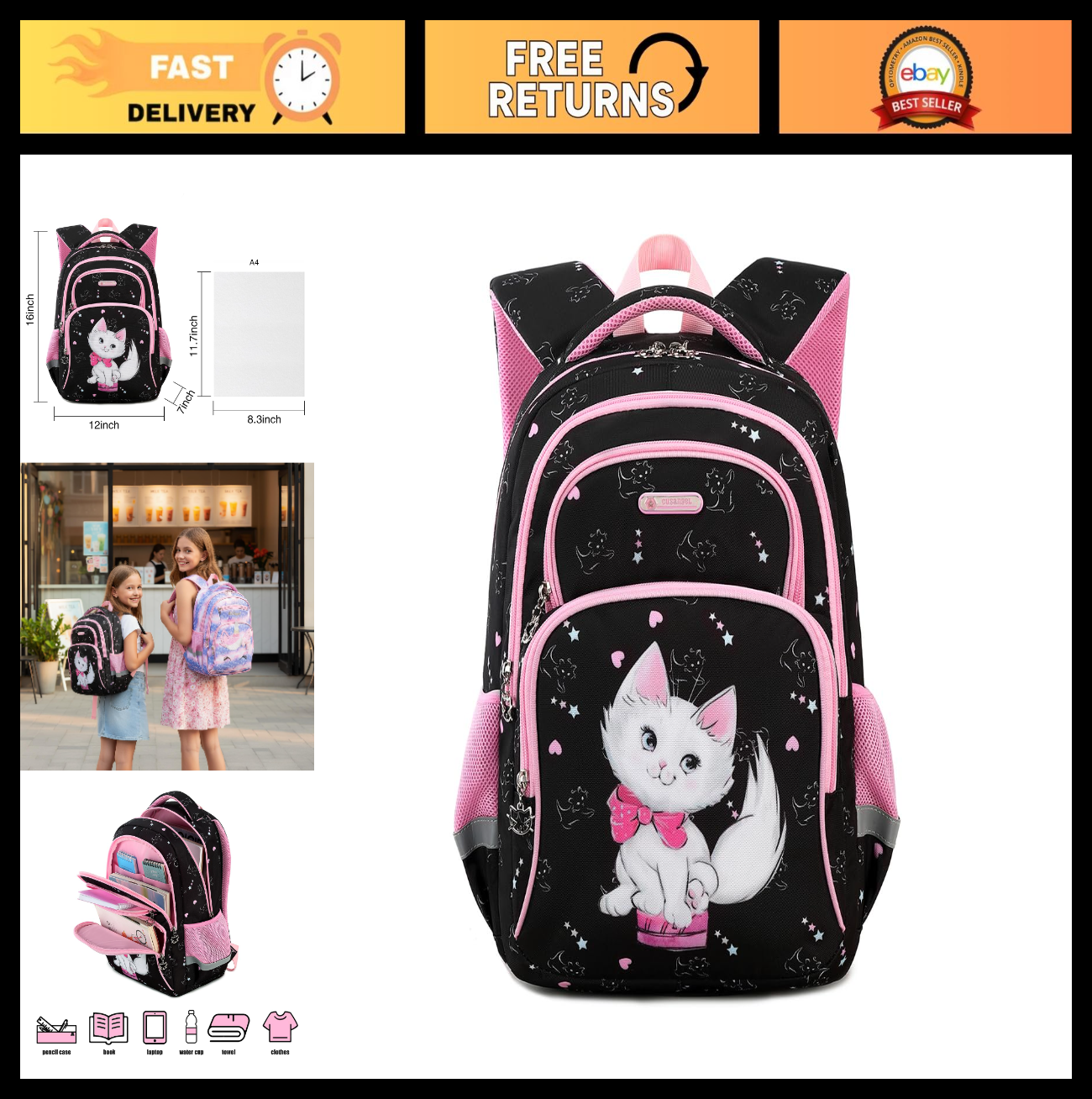 Girls' 16" Cat Print School Backpack for Kids Ages 6 10, Cute Bookbag for Elemen0