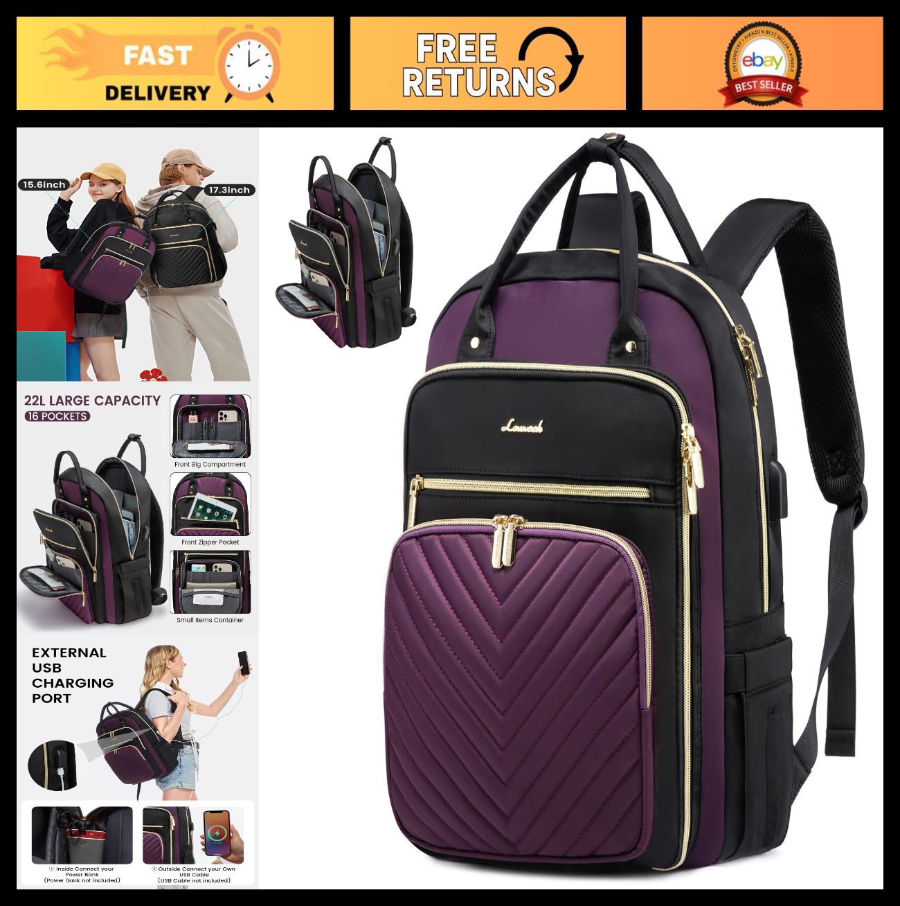 Stylish Water Resistant Laptop Backpack for Women   USB Charging, Fits 15.6" Lap0