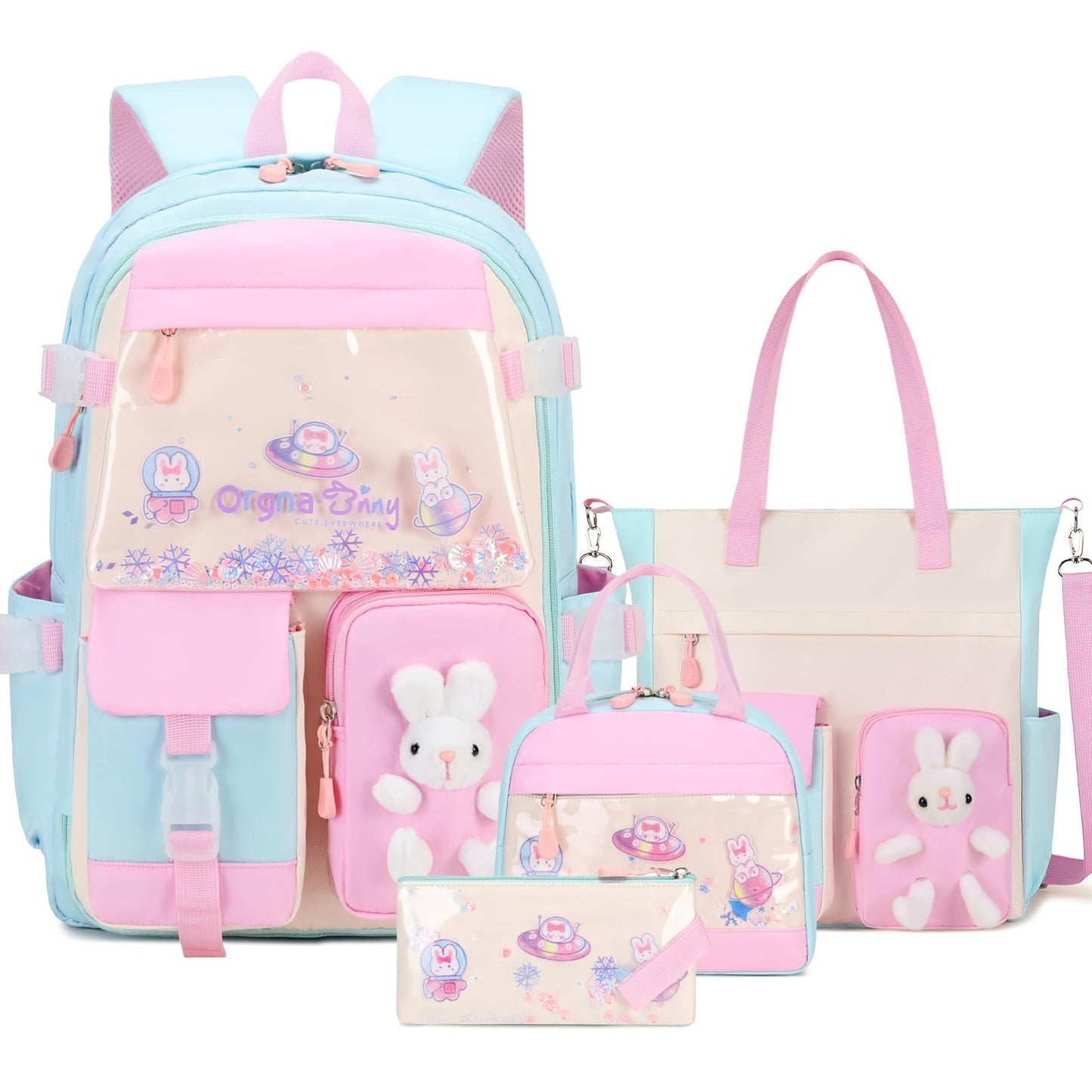 Kawaii Bunny Girls Backpack Set 4PCS   Tote, Lunch Box, Pencil Case   School Bag1
