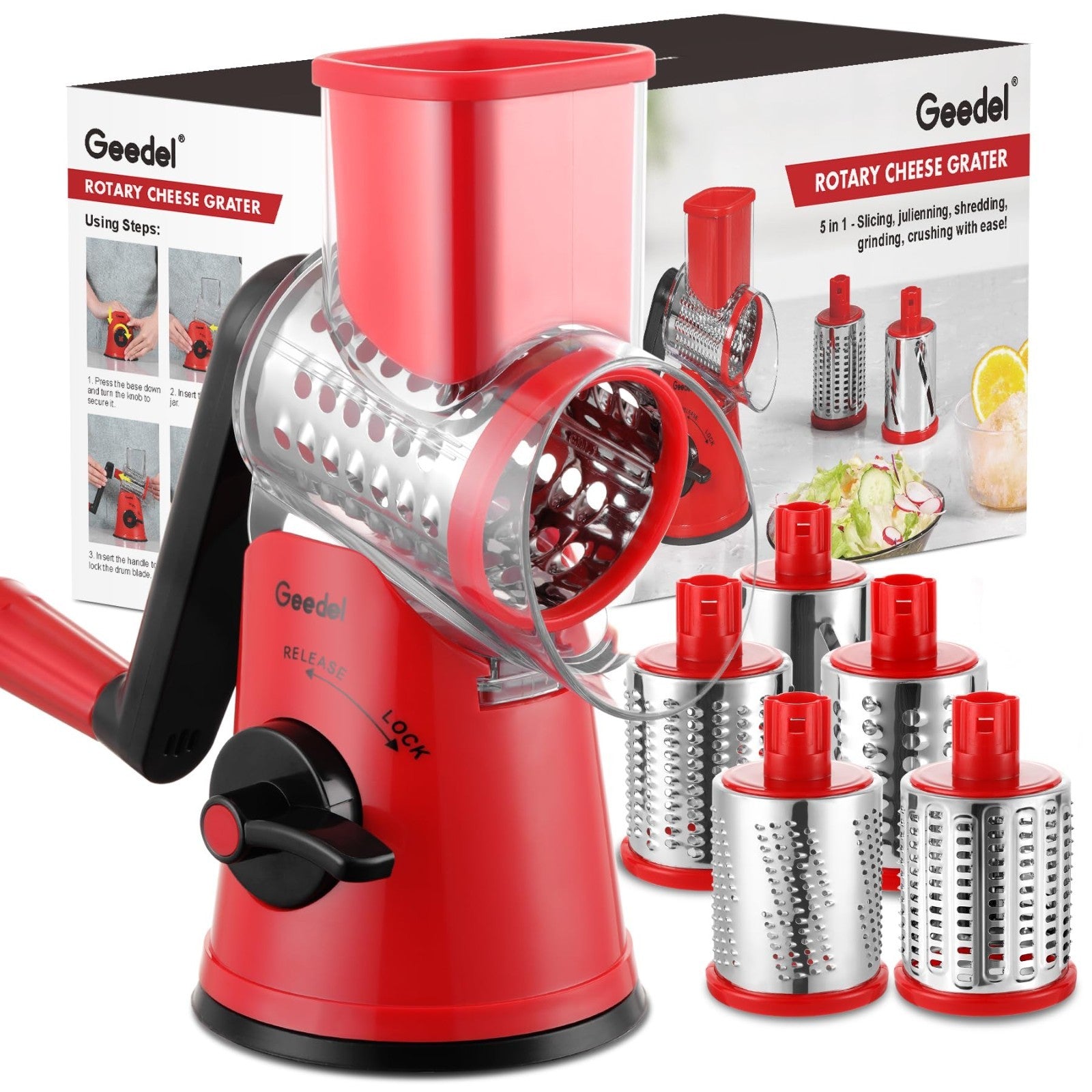 Rotary Cheese Grater & Vegetable Slicer   5 Blades, Stainless Steel, Fast Cuttin0