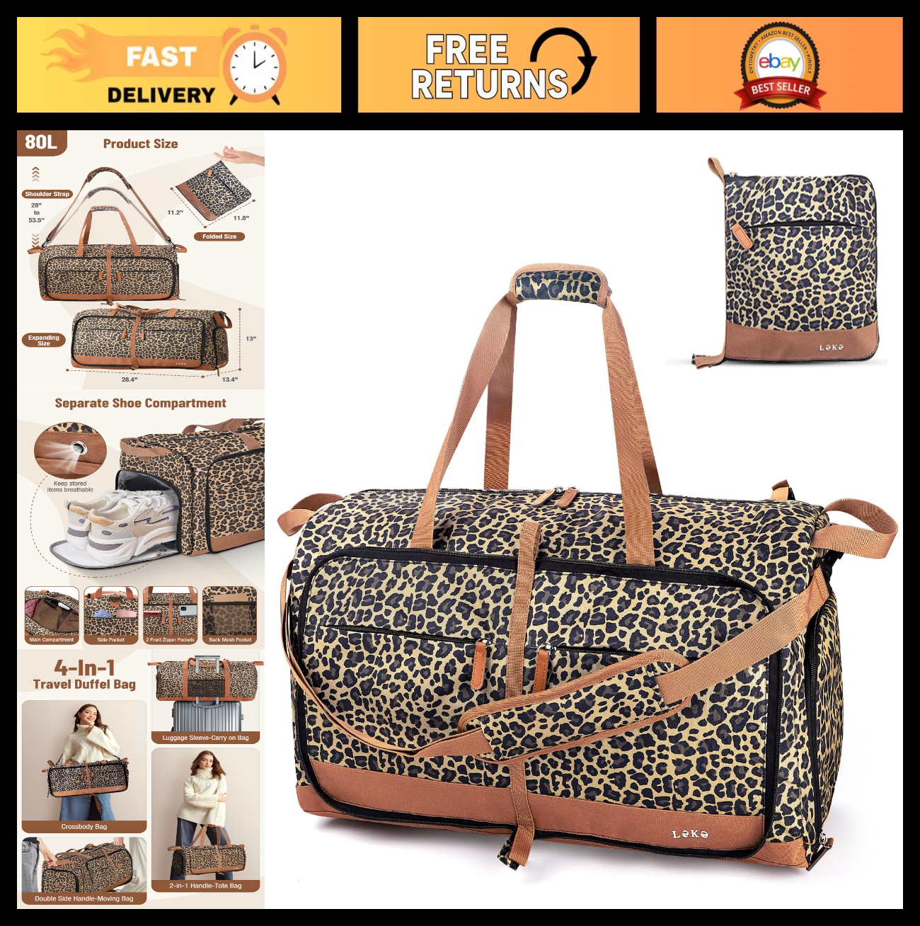 Large 80L Foldable Travel Duffel Bag for Women, Weekend Carry-On, Shoes Compartm0