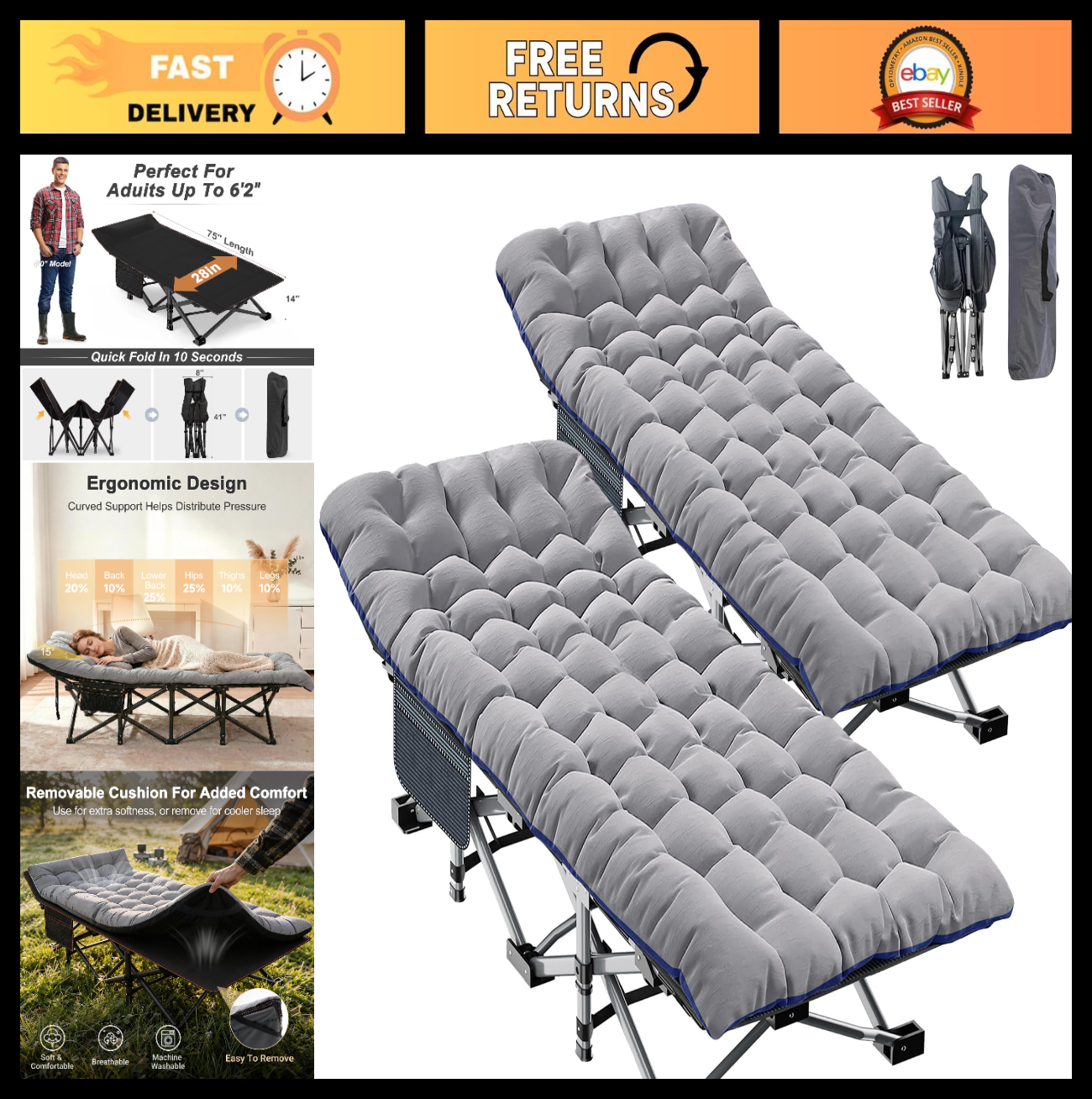 XXL Folding Camping Cot for Adults   32" Wide, 900 lb Capacity, 2 Pack, Removabl0