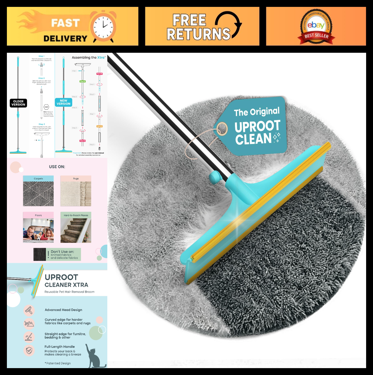 Carpet Rake for Pet Hair Removal - 60" Telescopic Handle, Easy Clean Tool0