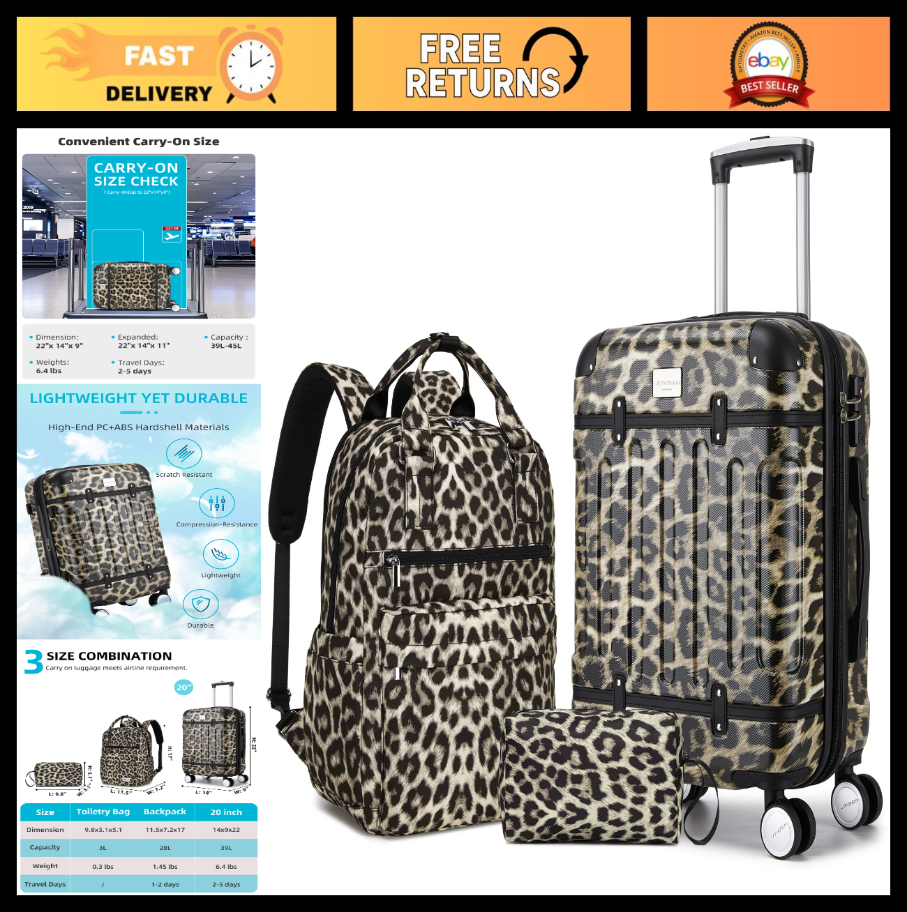 Expandable 3-Piece Carry-On Luggage Set, Lightweight Suitcases with 360° Spinner0