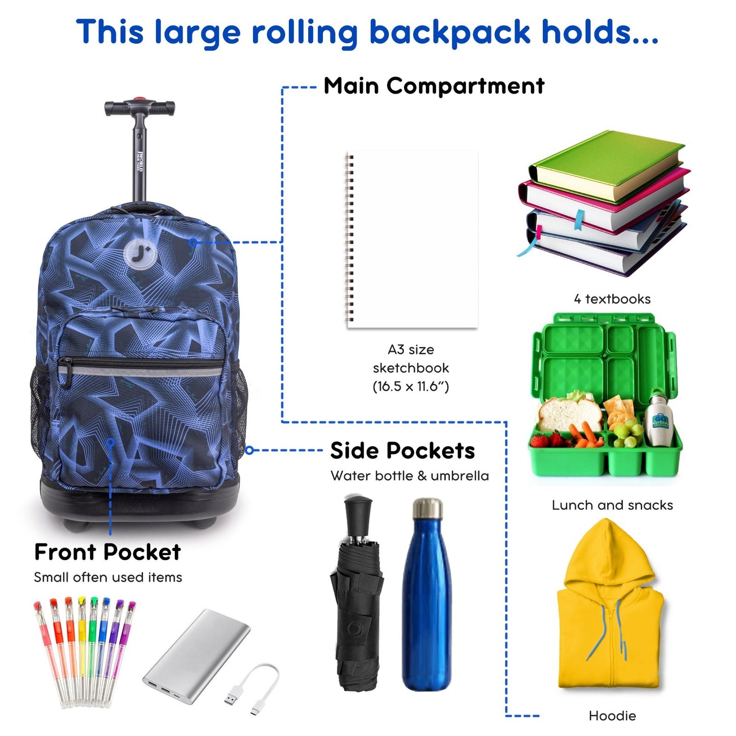 Kids Rolling Backpack with Wheels, School Roller Bookbag for Girls & Boys, 18" x3