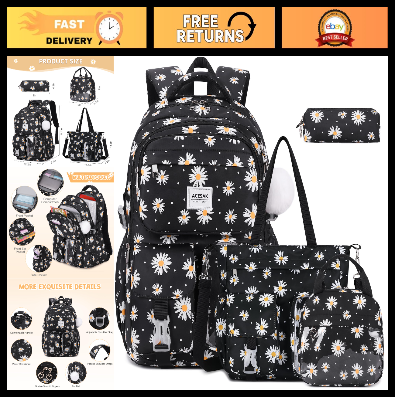 Stylish Girls Backpack Set with Tote, Crossbody Bag, Lunch Bag & Pencil Pouch  0