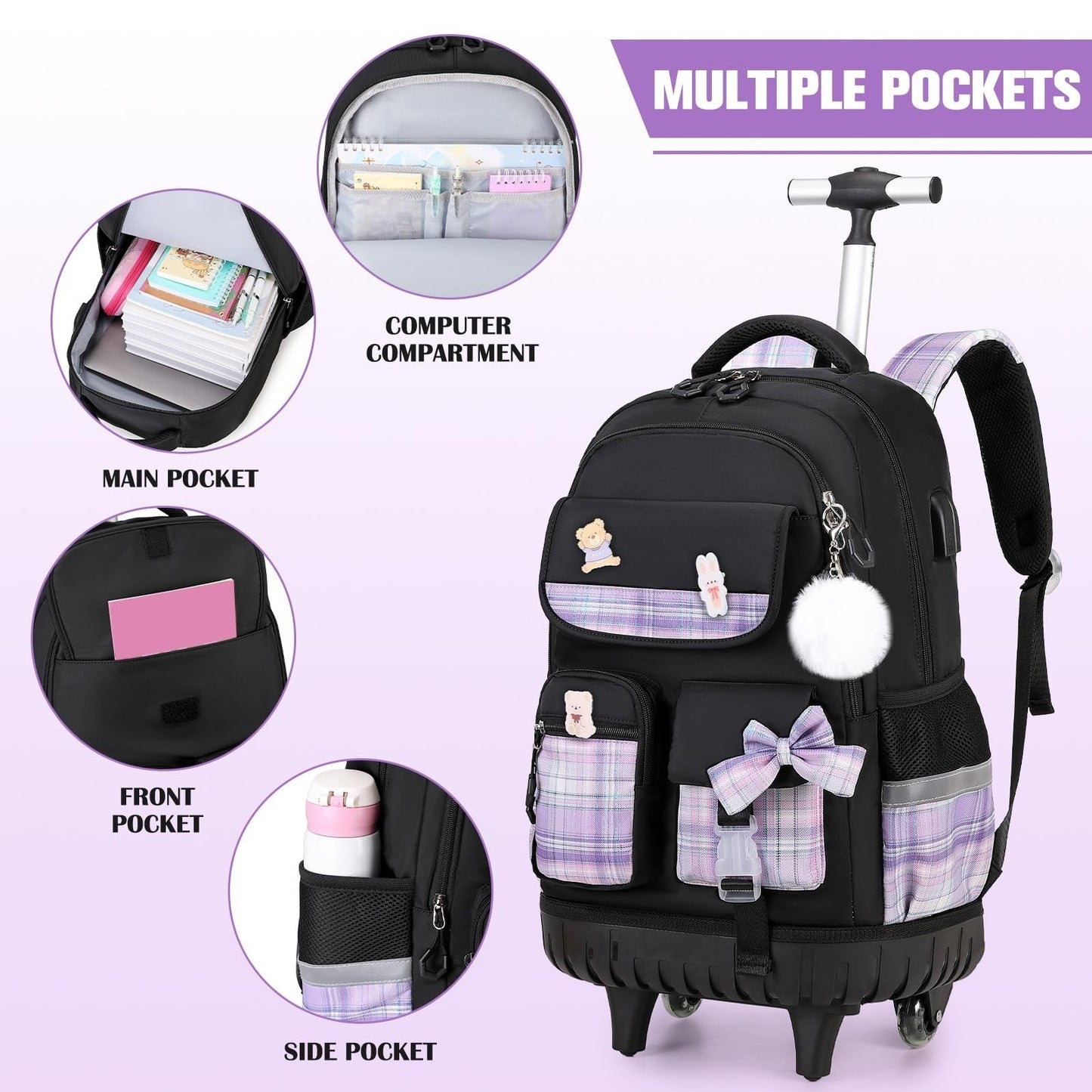 Rolling Backpack for Girls   Wheeled School Bag with Lunch Bag & Pencil Pouch, B3