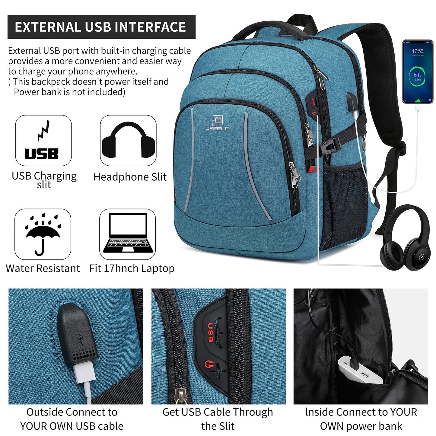 17.3" Travel Backpack with USB Charging, RFID Anti Theft Pocket, Water Resistant3