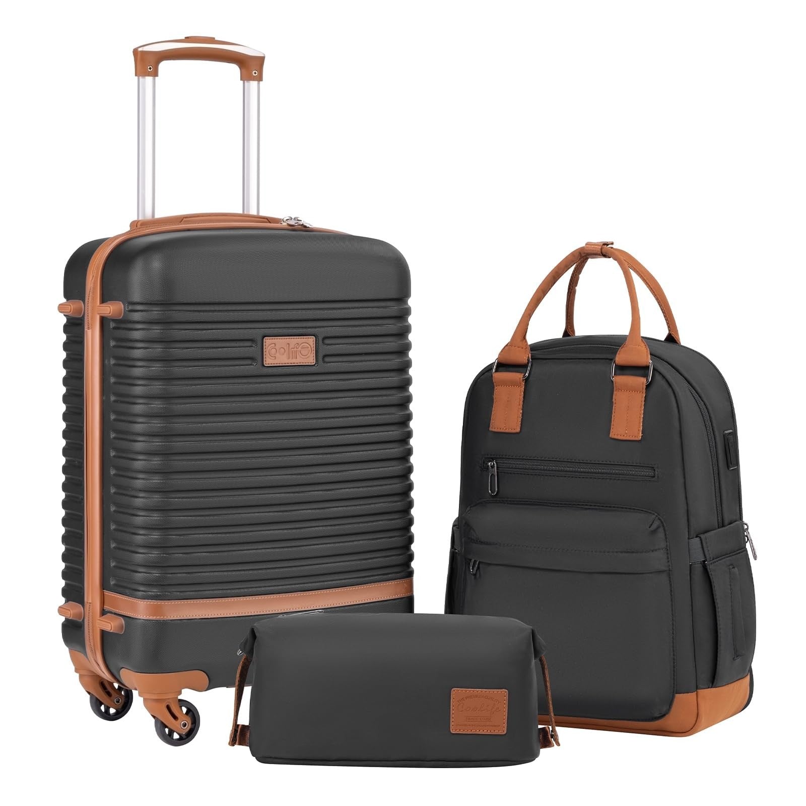 3-Piece Black Luggage Set - Carry-On Suitcase with 360° Spinner Wheels, USB Pock1