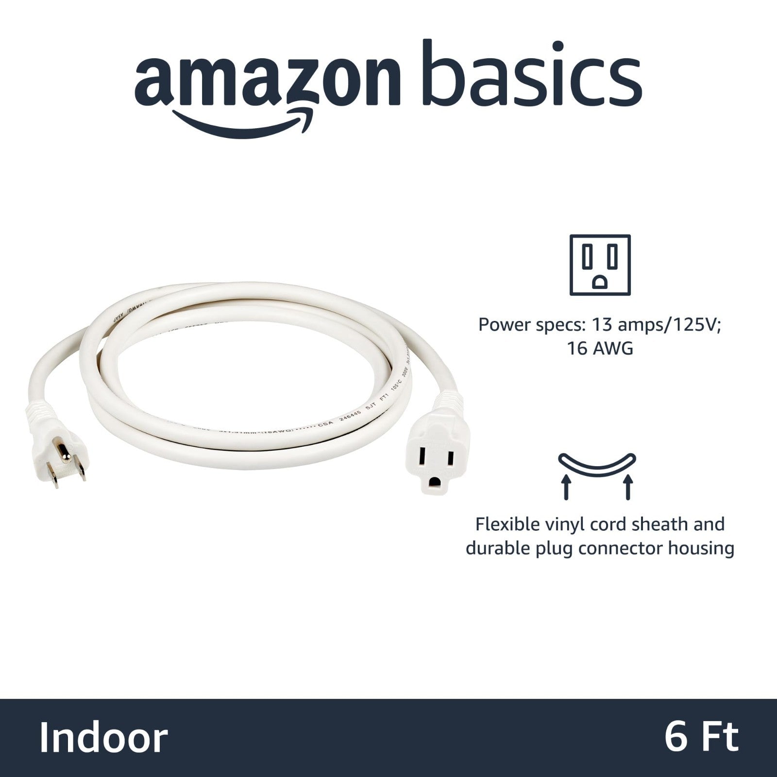 3 Prong Extension Cord 6ft Indoor Use, 13 Amps, 125V, White, 2 Pack   Heavy Duty2