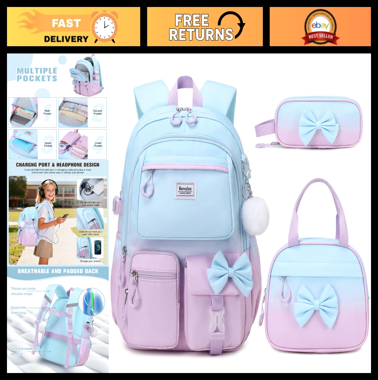 Cute Bow Backpack for Girls   School Bag Set with Lunch Bag & Pen Case0
