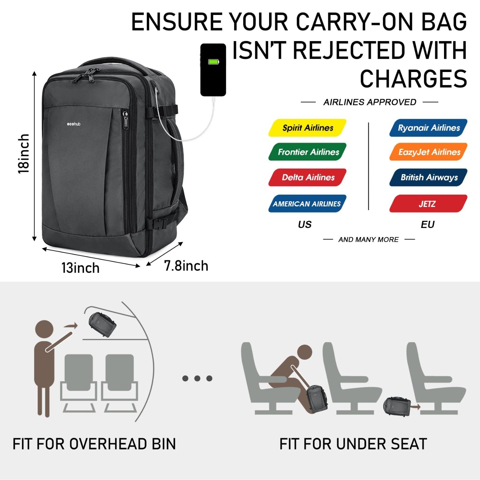 Travel Backpack 18x14x8 Airline Approved Carry On Bag, Waterproof Daypack, 13 Po1