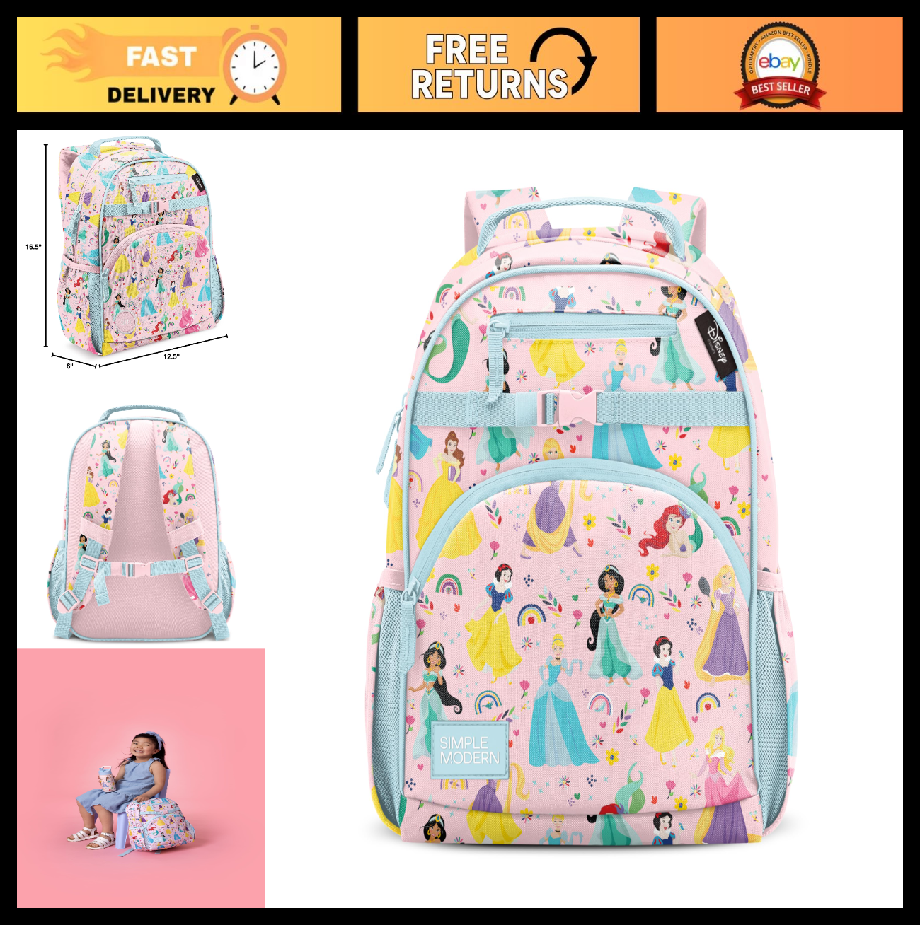 Disney Princess Kids Backpack for School, 18L, Girls & Boys, Durable & Stylish0