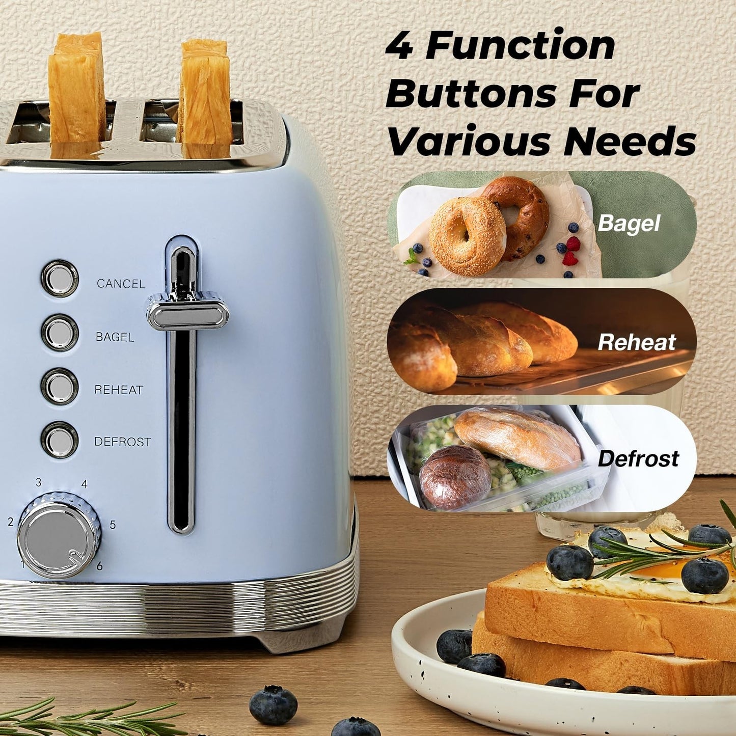 Retro 2 Slice Stainless Steel Toaster, Blue   Stylish Kitchen Appliance, Fast To6