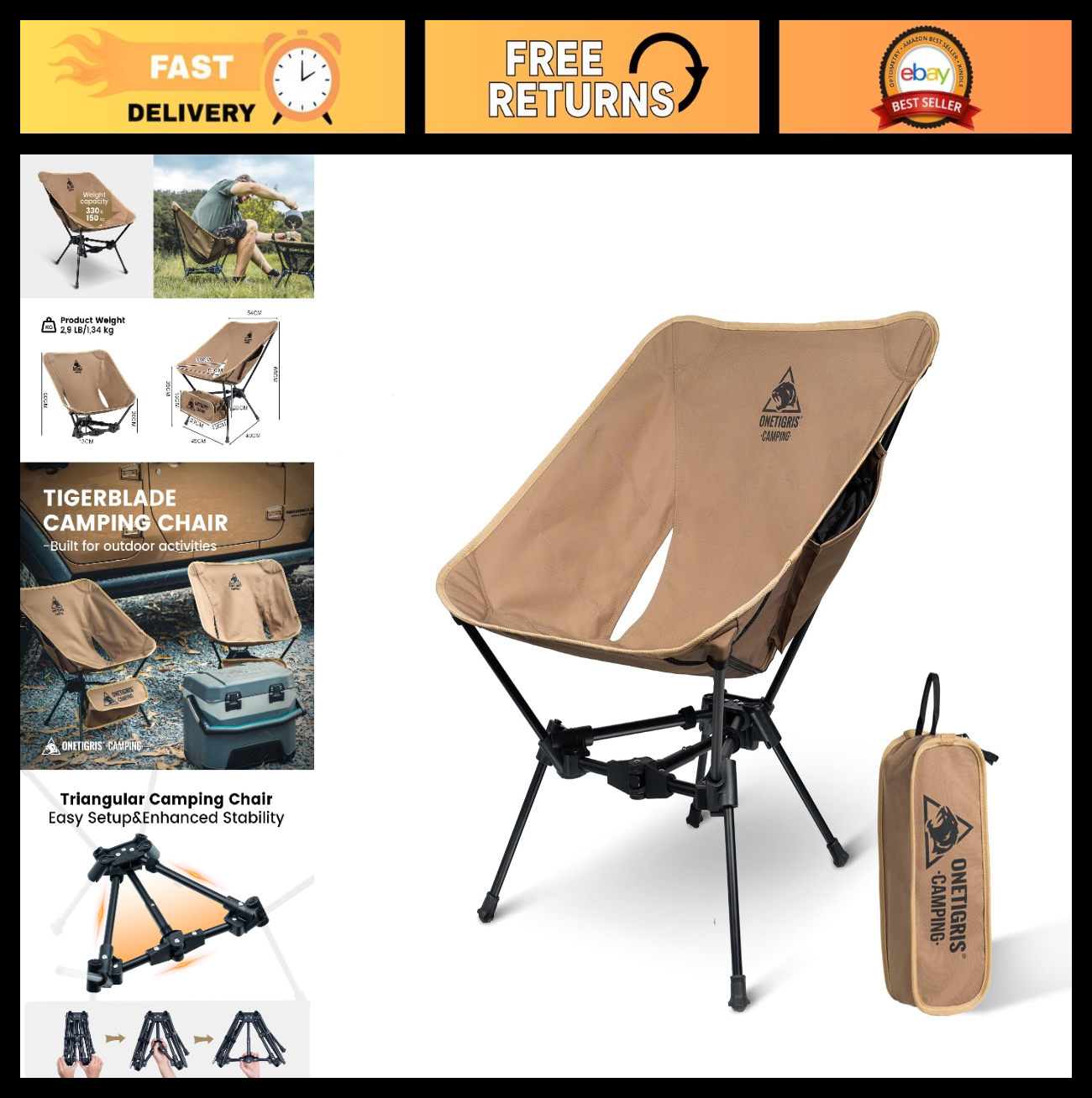 Lightweight Folding Camping Chair - Portable Backpacking Seat, 330 lbs Capacity0