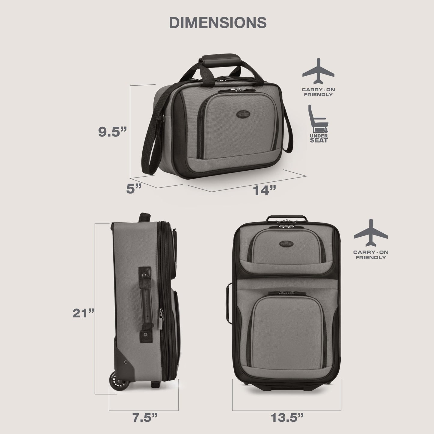 Lightweight Softside Rolling Carry-on Suitcase Set, 2-Wheel Travel Luggage, Grey5