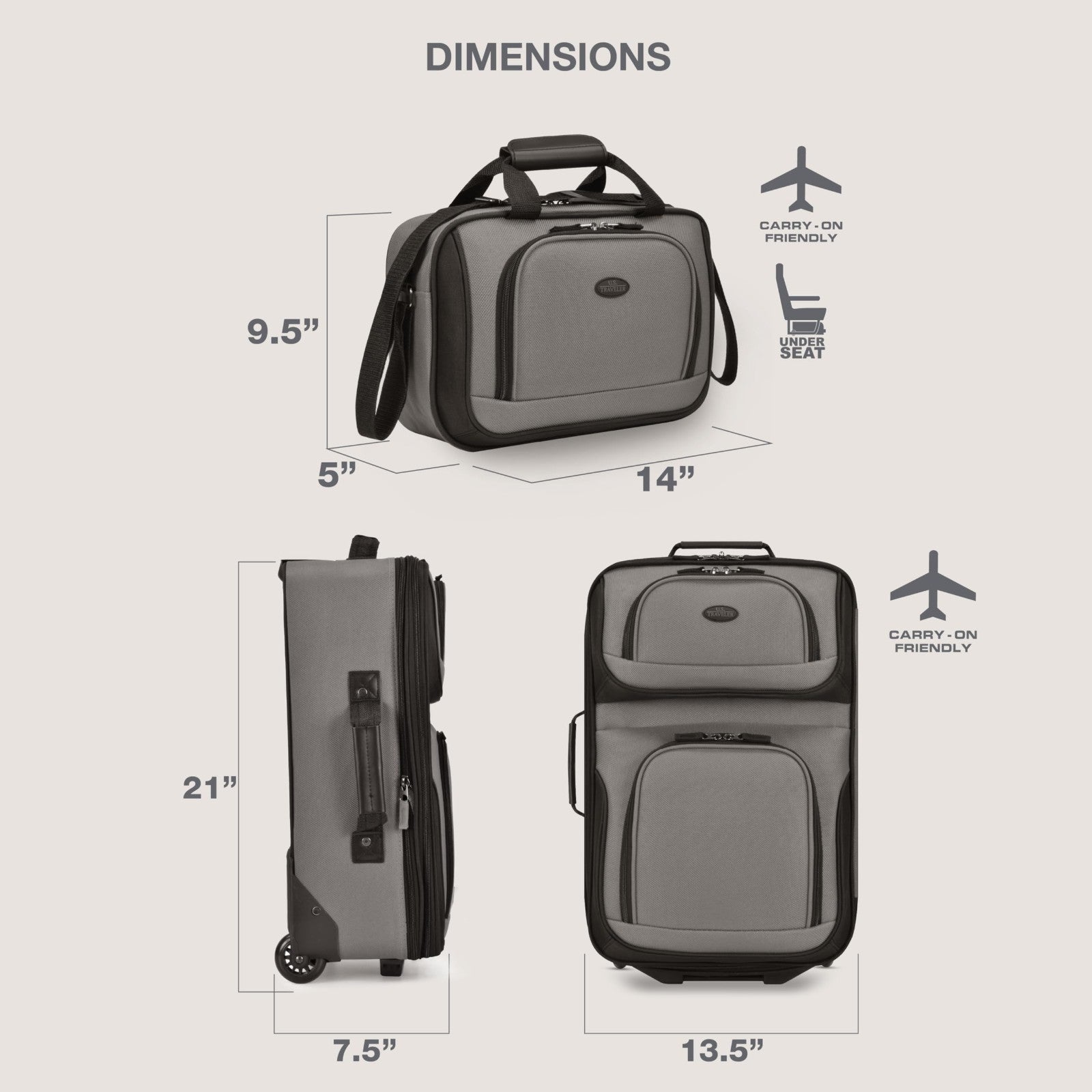 Lightweight Softside Rolling Carry-on Suitcase Set, 2-Wheel Travel Luggage, Grey5