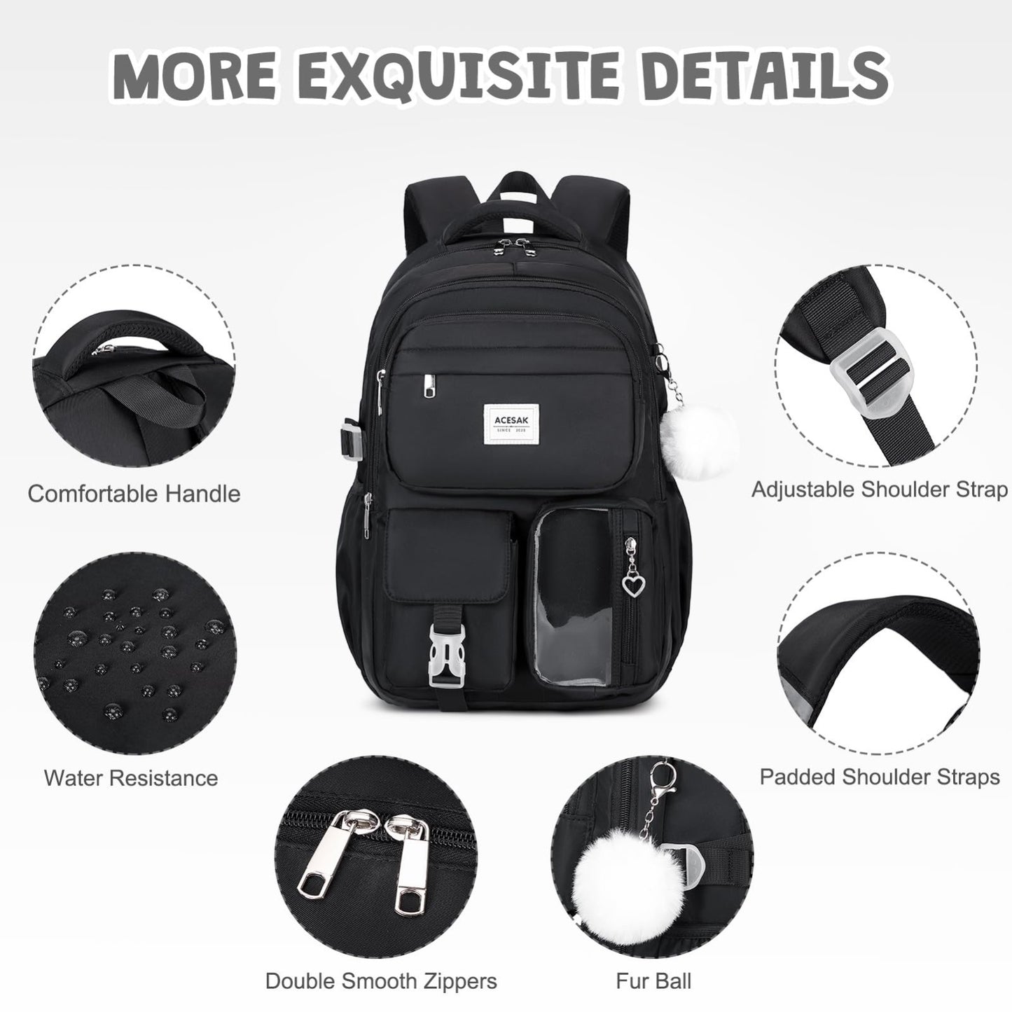 Stylish Girls Backpack with Lunch Bag & Pencil Pouch   Teen Laptop Bookbag, Blac4