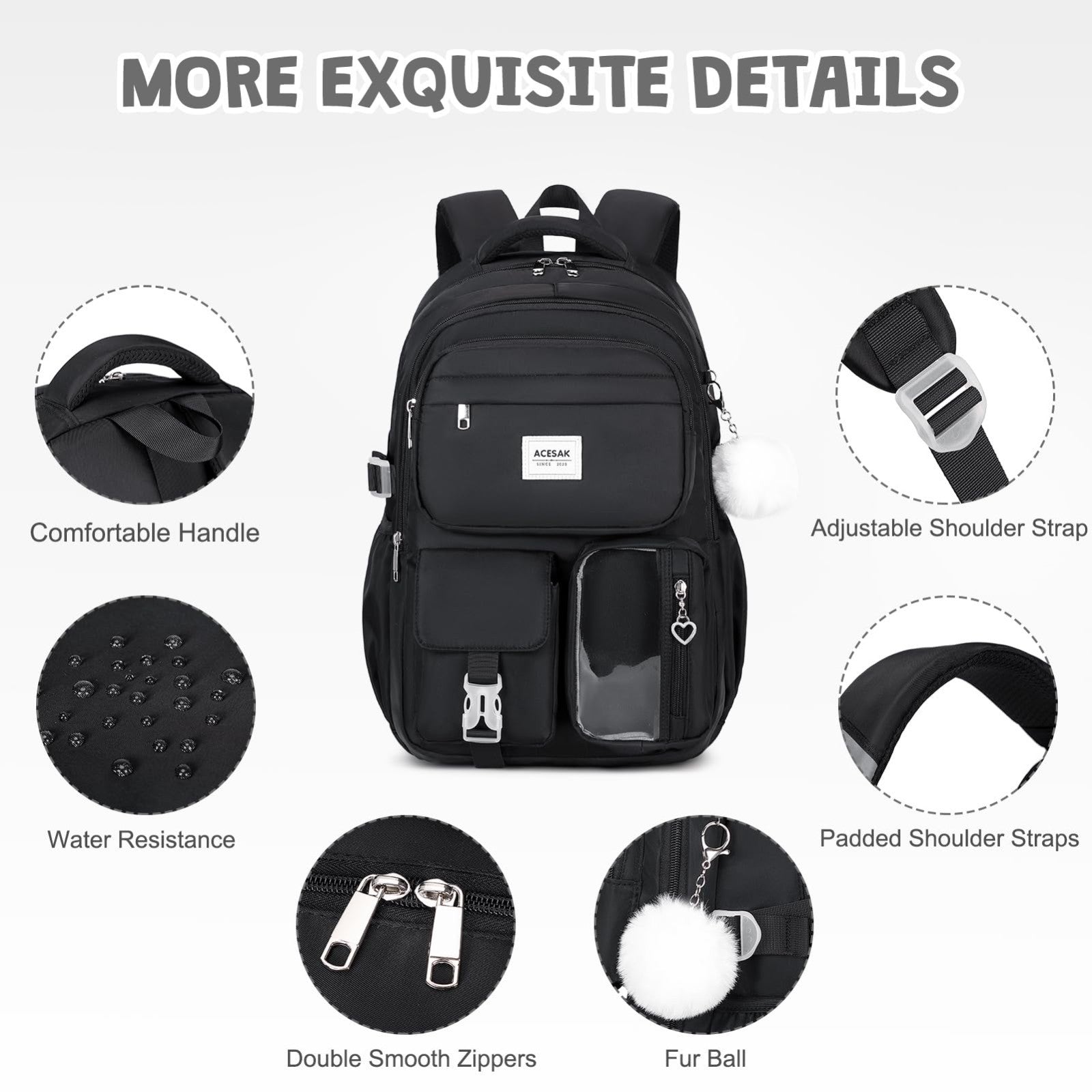 Stylish Girls Backpack with Lunch Bag & Pencil Pouch   Teen Laptop Bookbag, Blac4