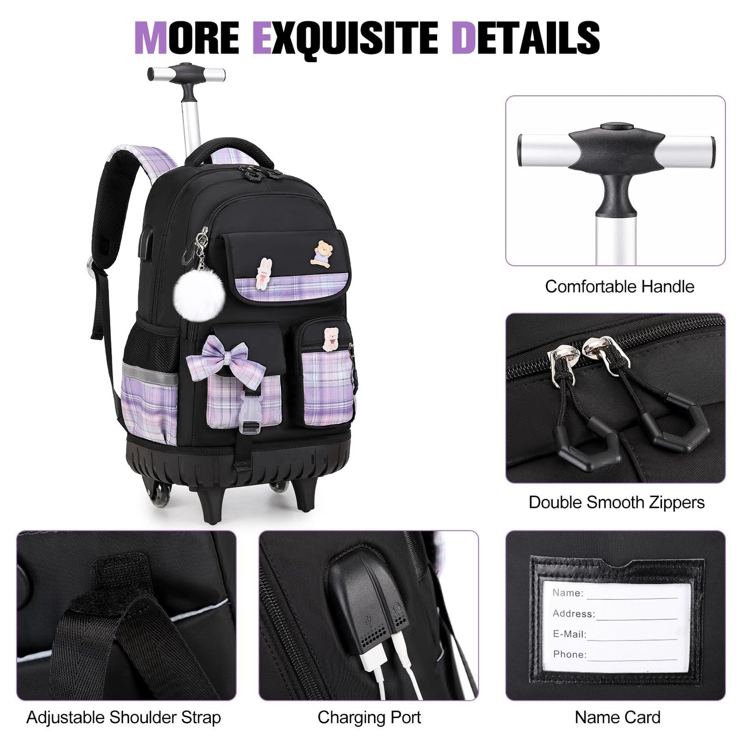 Rolling Backpack for Girls   Wheeled School Bag with Lunch Bag & Pencil Pouch, B6