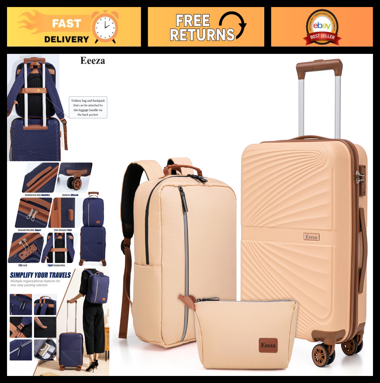 3-Piece Pink Carry On Luggage Set - Lightweight ABS Hardshell, 360° Spinner Whee0