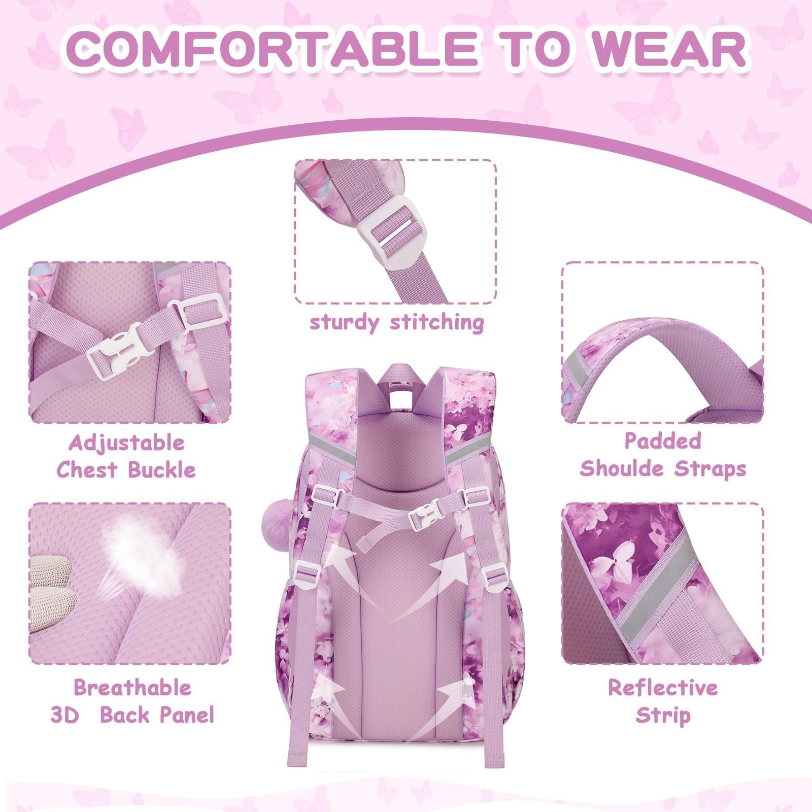 Kawaii Purple Butterfly Kids Backpack for Girls - School Bag for Middle & Elemen4