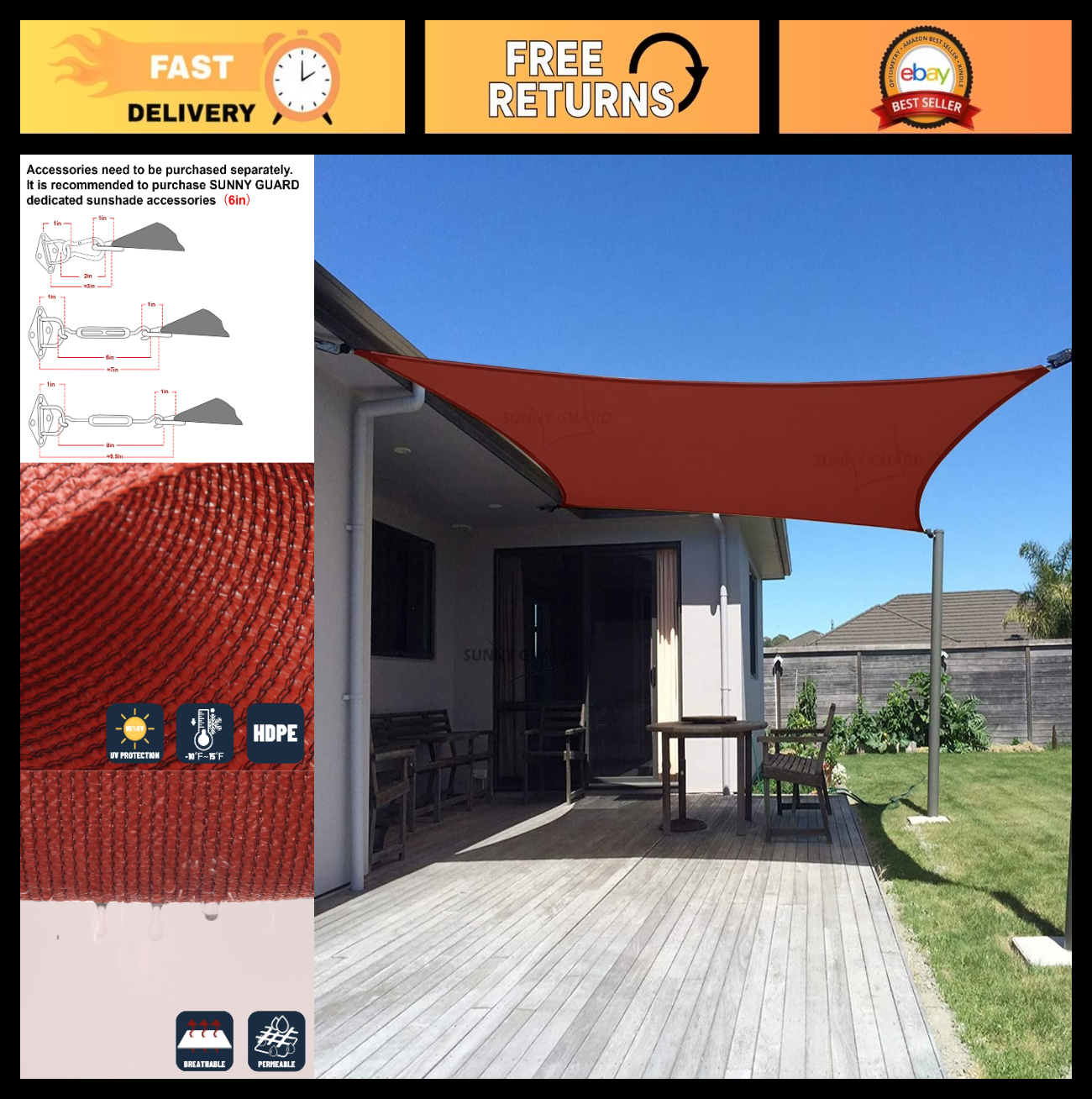 10' x 13' Rectangle Shade Sail Canopy   95% UV Block Outdoor Sun Shade for Patio0
