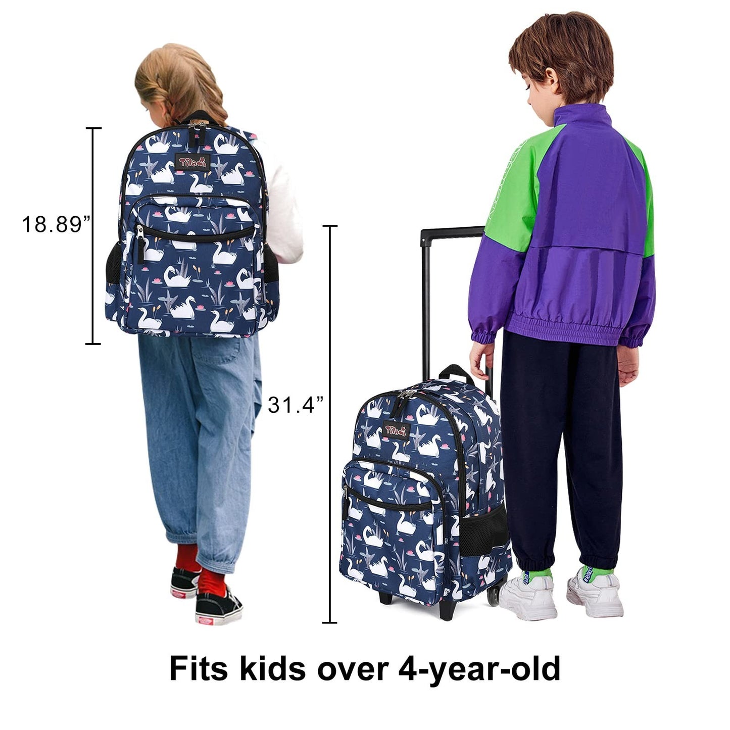 Wheeled Kids Backpack 18" Rolling Bag with Lunch Bag, Double Handle, Swan Blue7