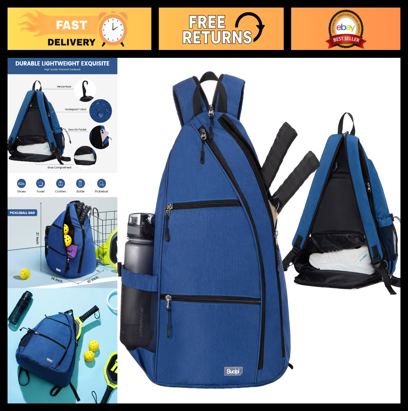 Convertible Pickleball Backpack - Water-Resistant Sling Bag for 6 Paddles, Bottl0