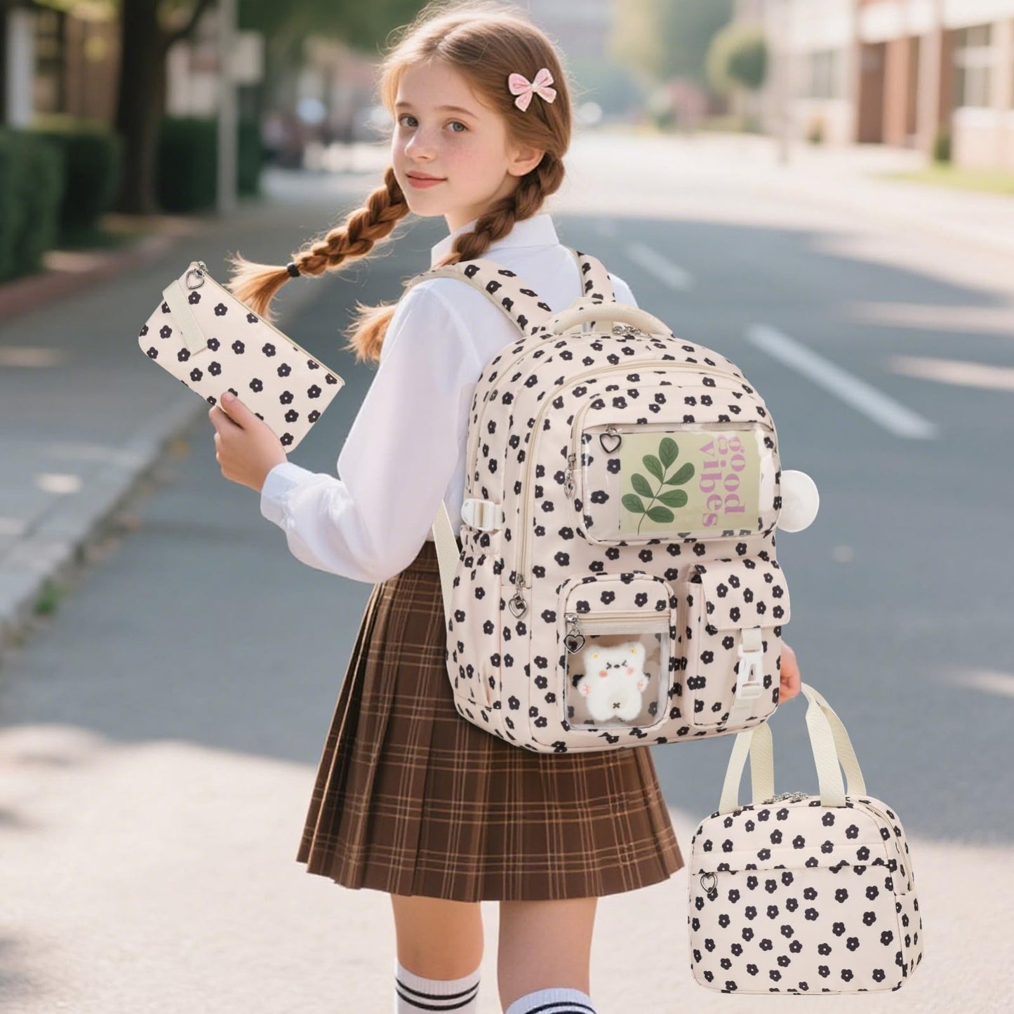 4PCS Girls Backpack Set with Lunch Box & Pencil Case   Stylish School Bag for Ki2