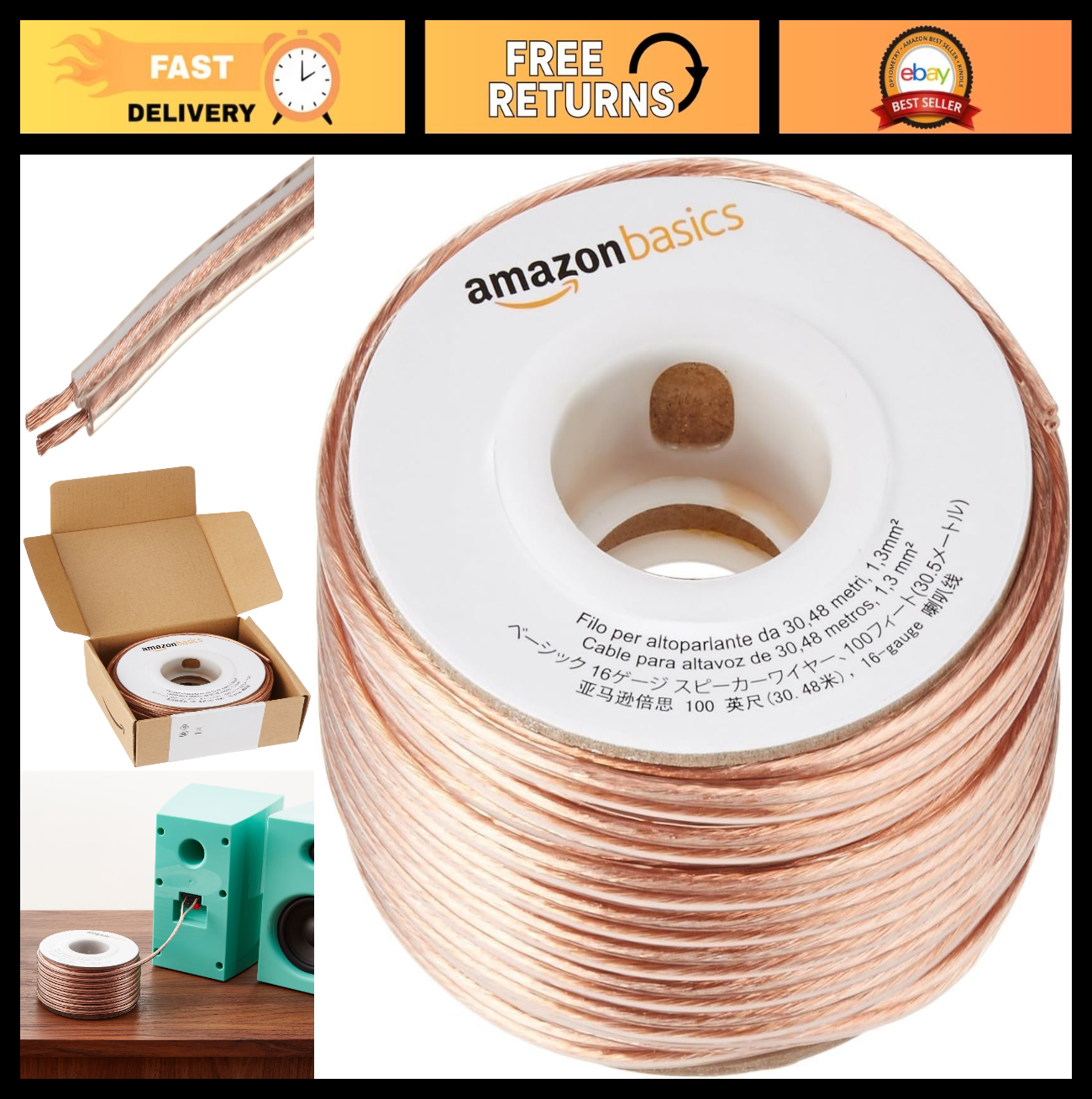 16 Gauge Speaker Wire Cable, 100ft, Polarity Marked, Bronze, Pack of 12   Audio0
