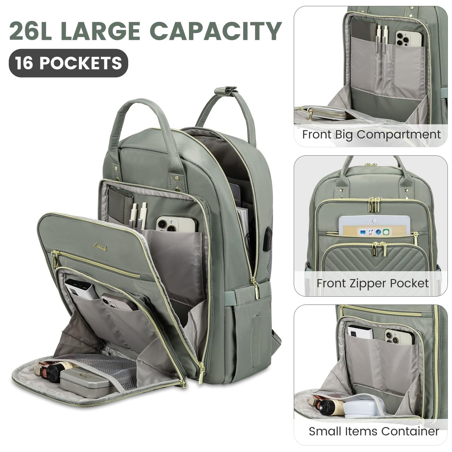 Stylish Water Resistant Laptop Backpack for Women, USB Charging, Travel Work Bag3