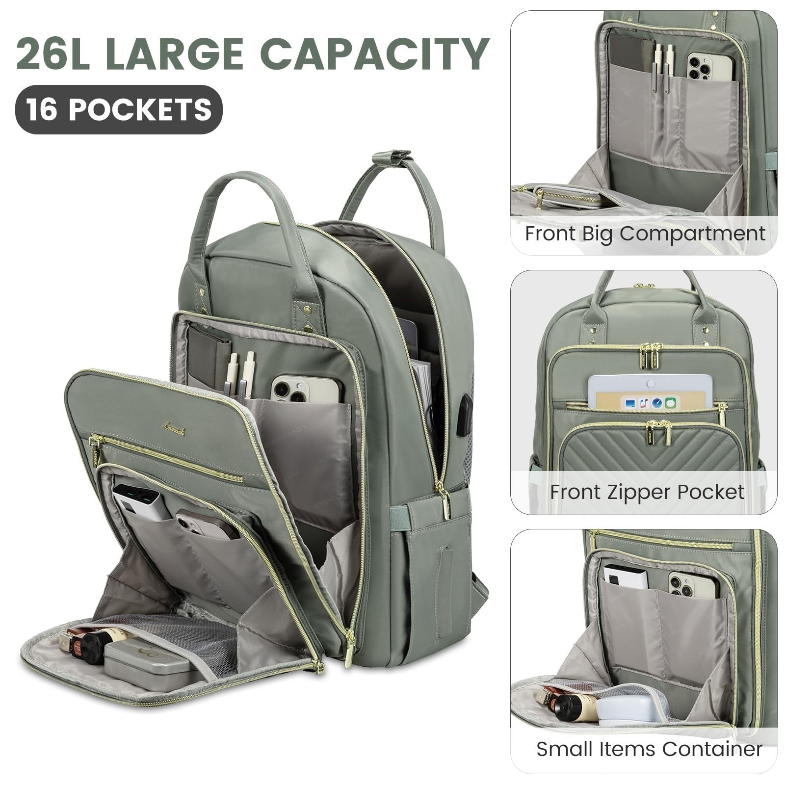 Stylish Water Resistant Laptop Backpack for Women, USB Charging, Travel Work Bag3