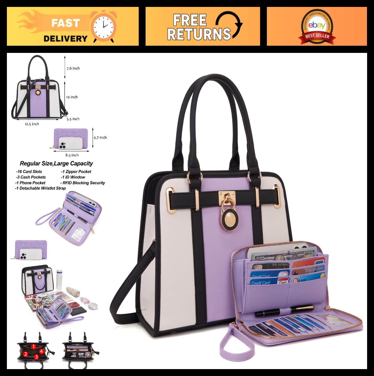 Stylish Women's Structured Satchel Tote Handbag Set with RFID Wallet - Fashion P0