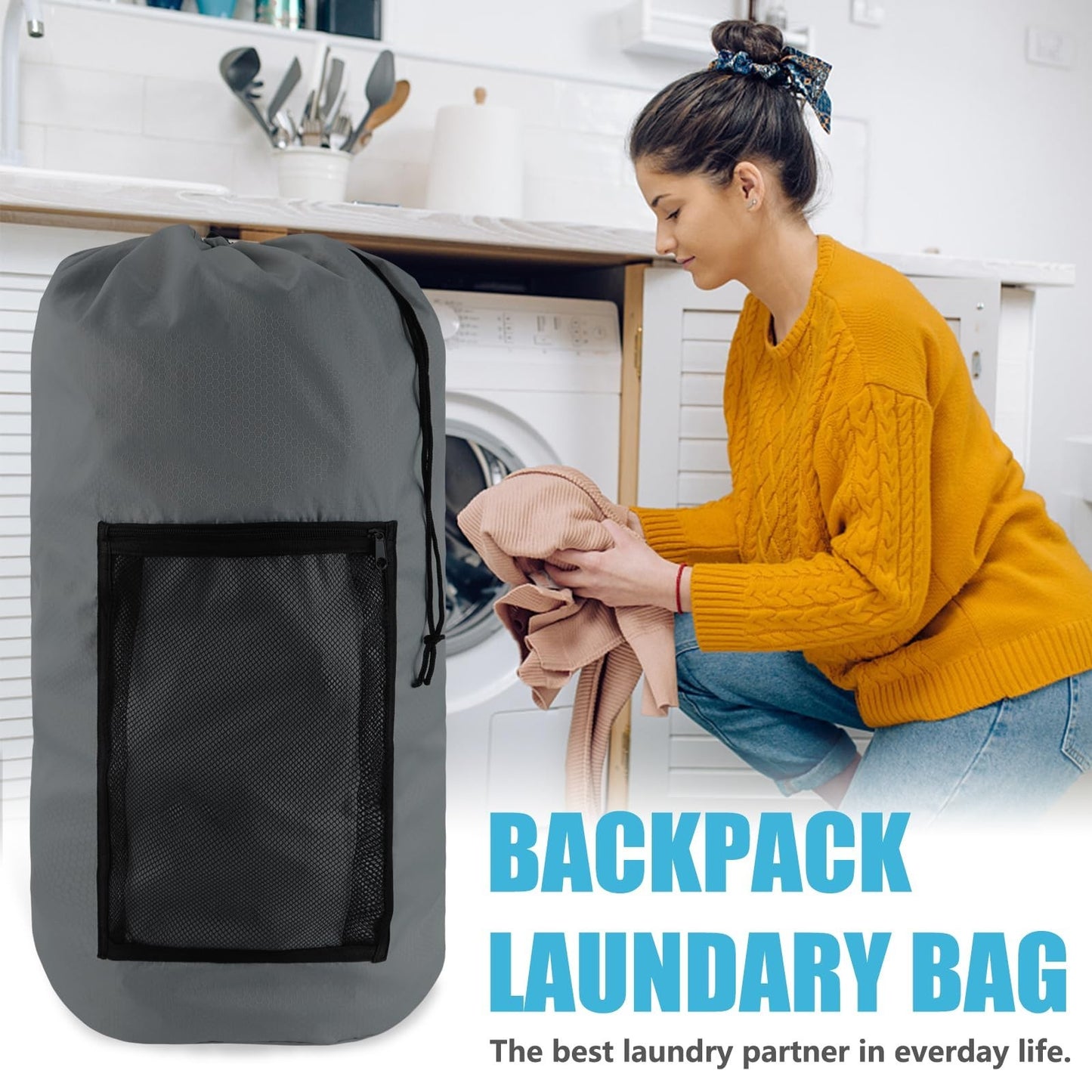 Extra Large Travel Laundry Bag Backpack - 2PCS with Mesh Pocket & Adjustable Str2