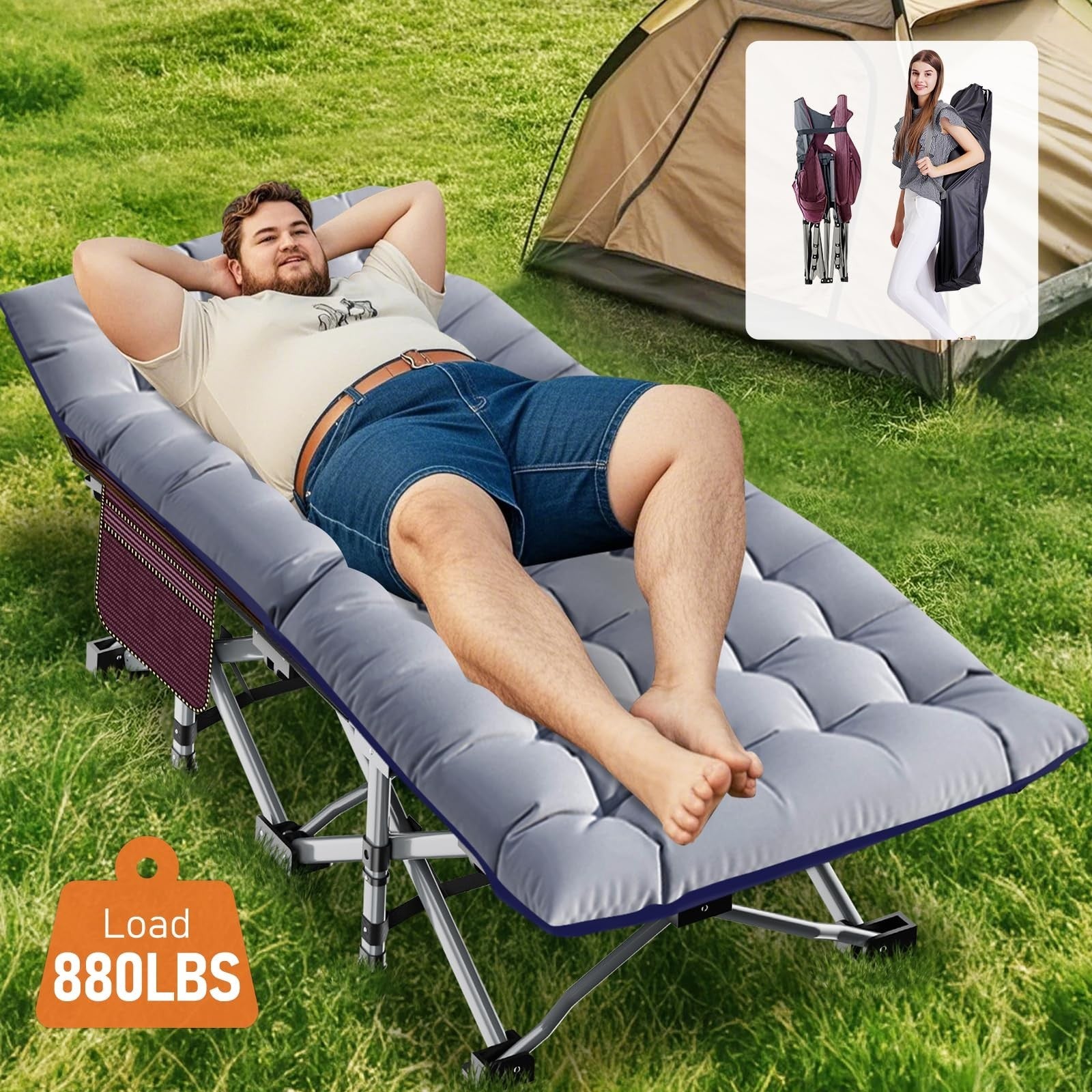 Folding Camping Cot for Adults, 28" Wide, 880 lbs Capacity, Padded with Carry Ba3